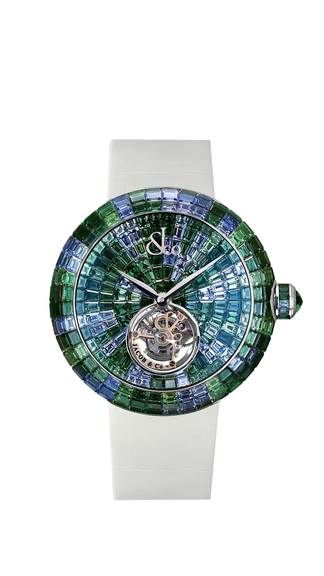 The white gold green camouflage Brilliant Flying Tourbillon, fully set with multicolored green sapphires.