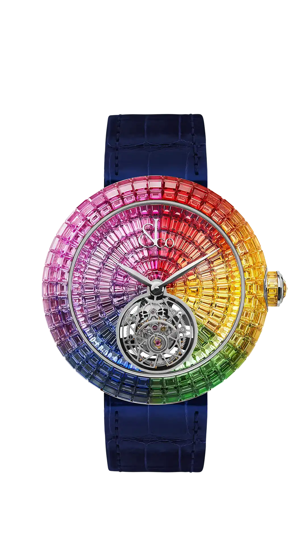 The white gold Rainbow Mountains Brilliant Flying Tourbillon, fully set with multicolored baguette-cut sapphires.