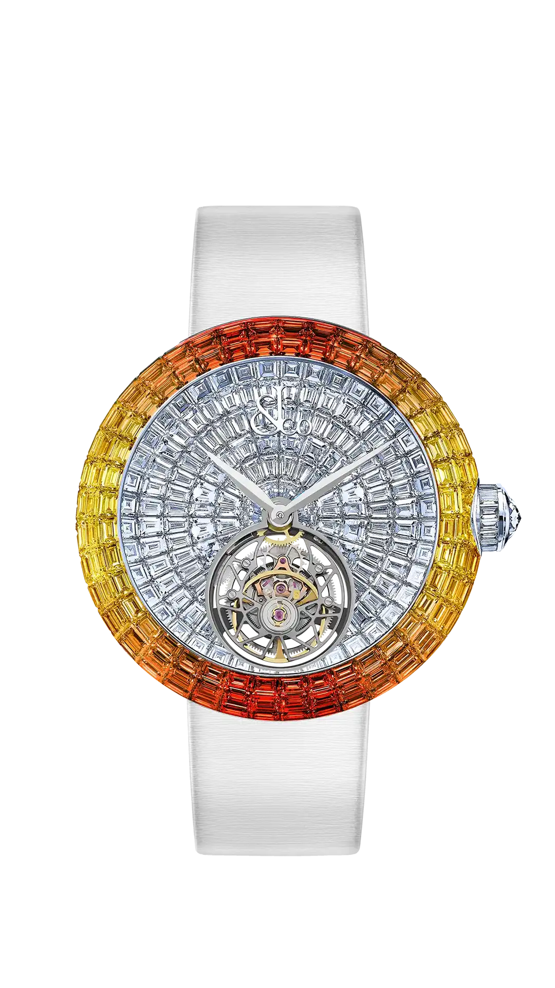The white gold Brilliant Flying Tourbillon, with a diamond-set dial and orange degrade sapphire-set bezel.