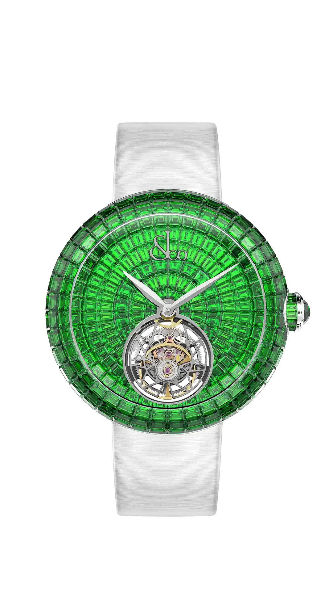 The white gold Brilliant Flying Tourbillon, fully set with tsavorites.