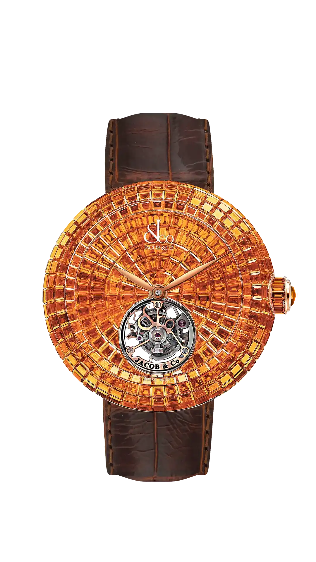 The rose gold Brilliant Flying Tourbillon, fully set with orange sapphires.