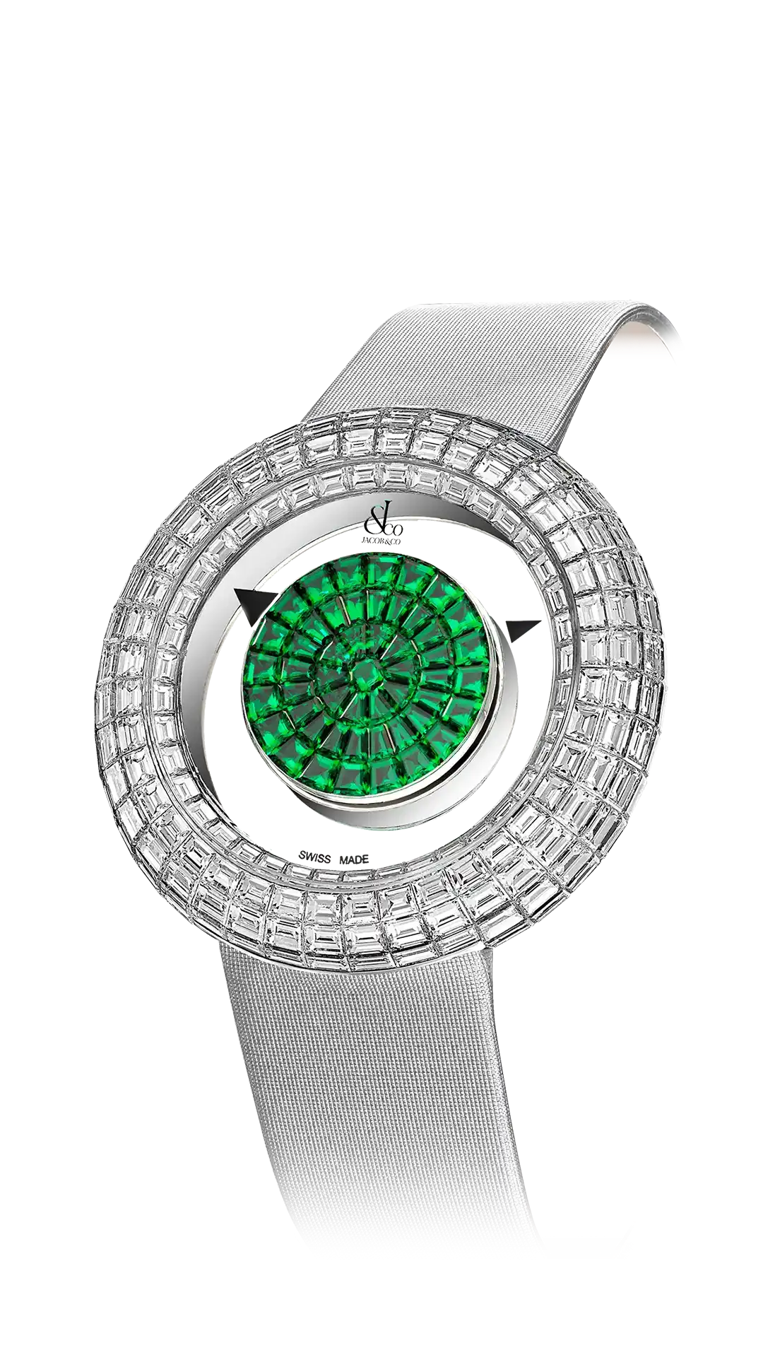 The white gold Brilliant Mystery, set with a baguette-cut tsavorite dial and diamond bezel.