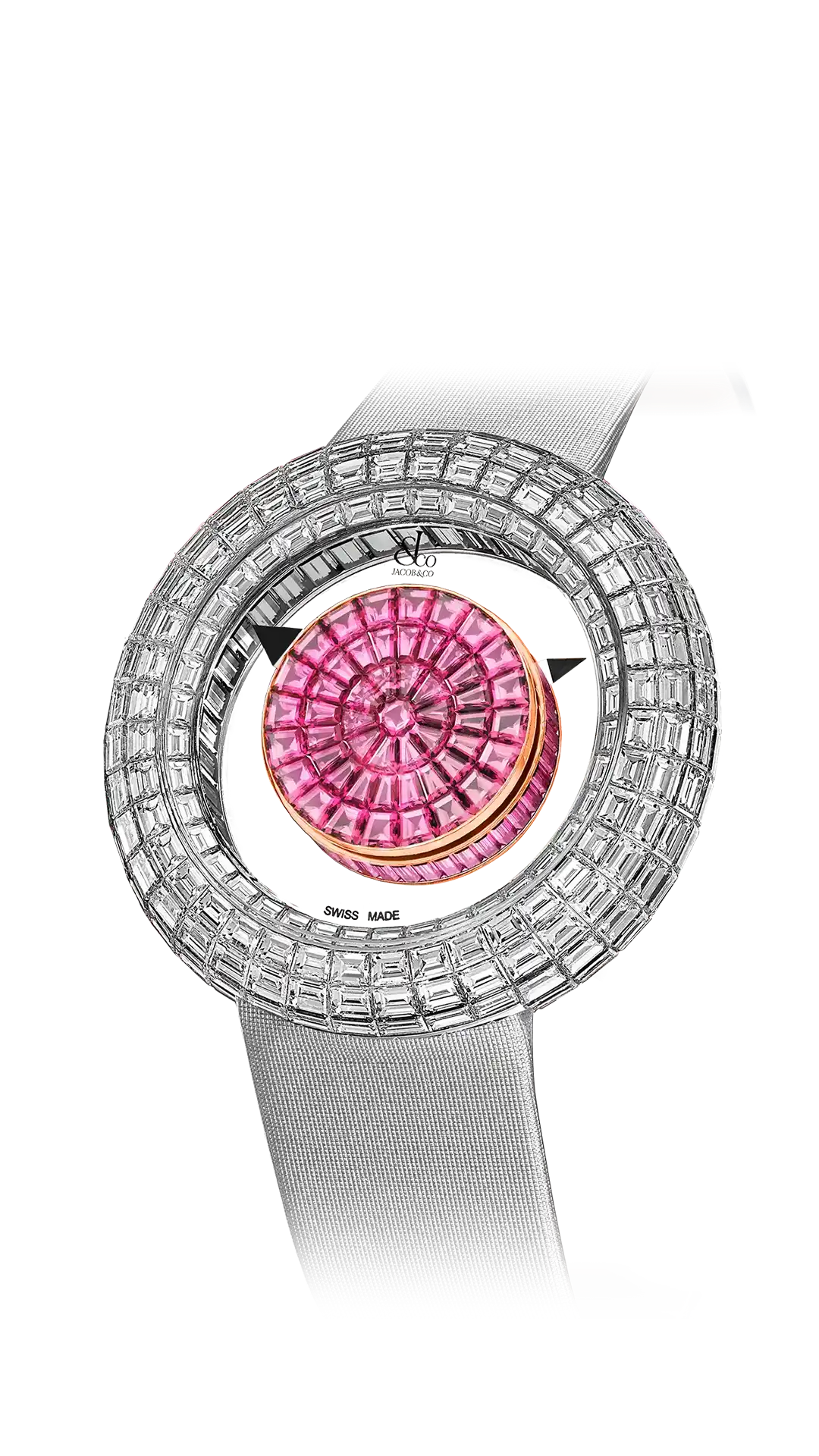 The white gold Brilliant Mystery, set with a baguette-cut pink sapphire dial and diamond bezel.