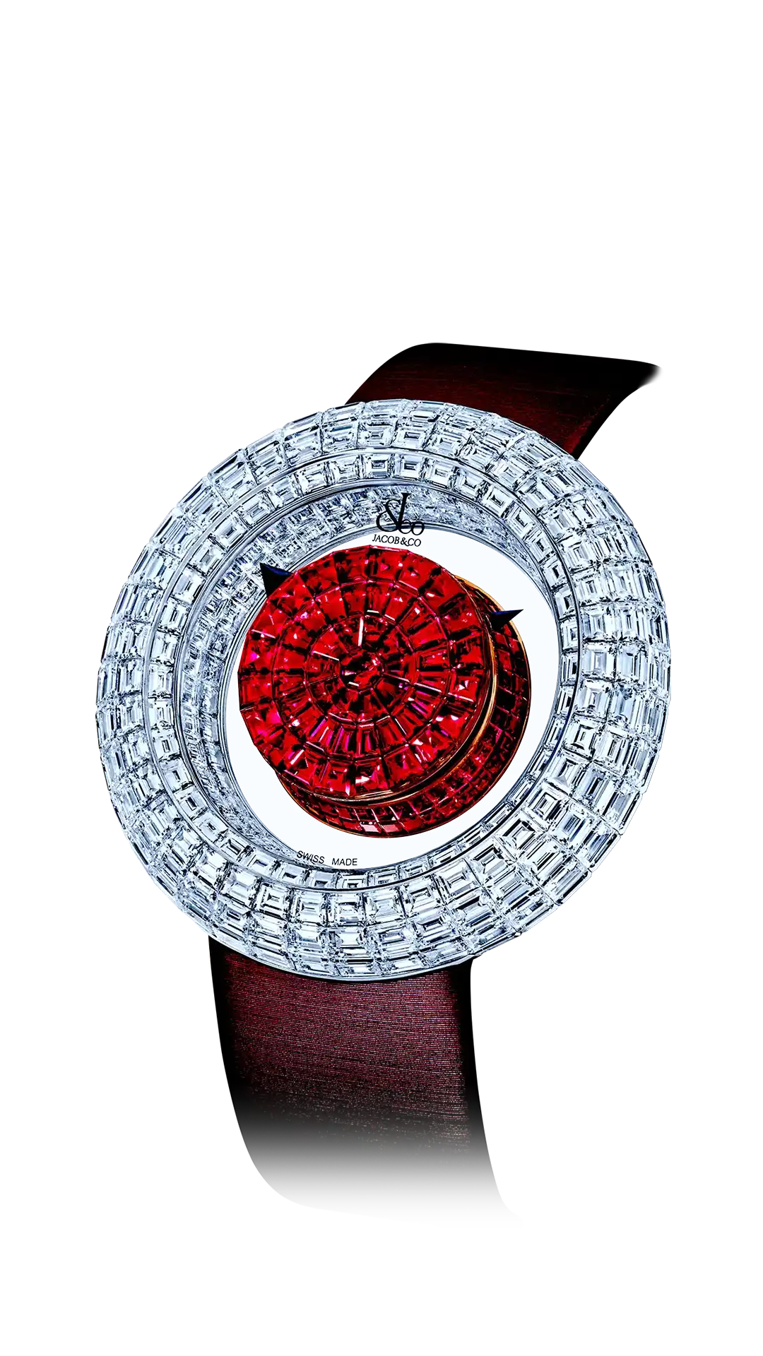 The white gold Brilliant Mystery, set with a baguette-cut ruby dial and diamond bezel.