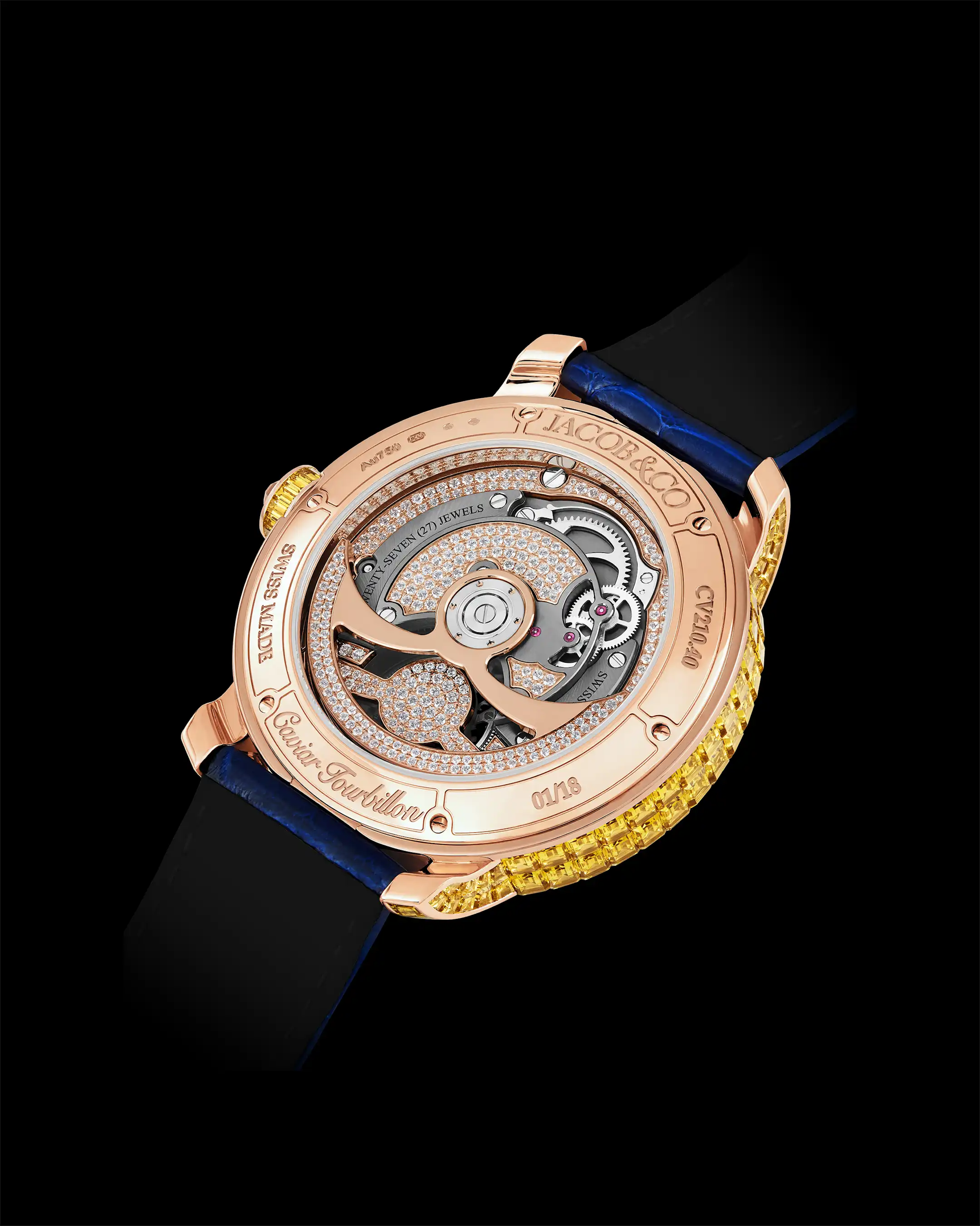 Angled view of the Caviar Tourbillon watch, showing the movement through the caseback.