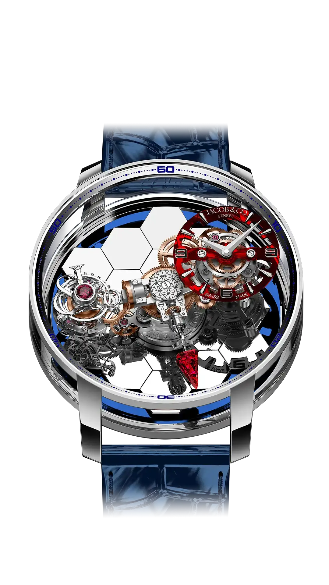 The white gold Astronomia Revolution, with white gold honeycomb mirrors in the platform base, and a red skeleton dial.