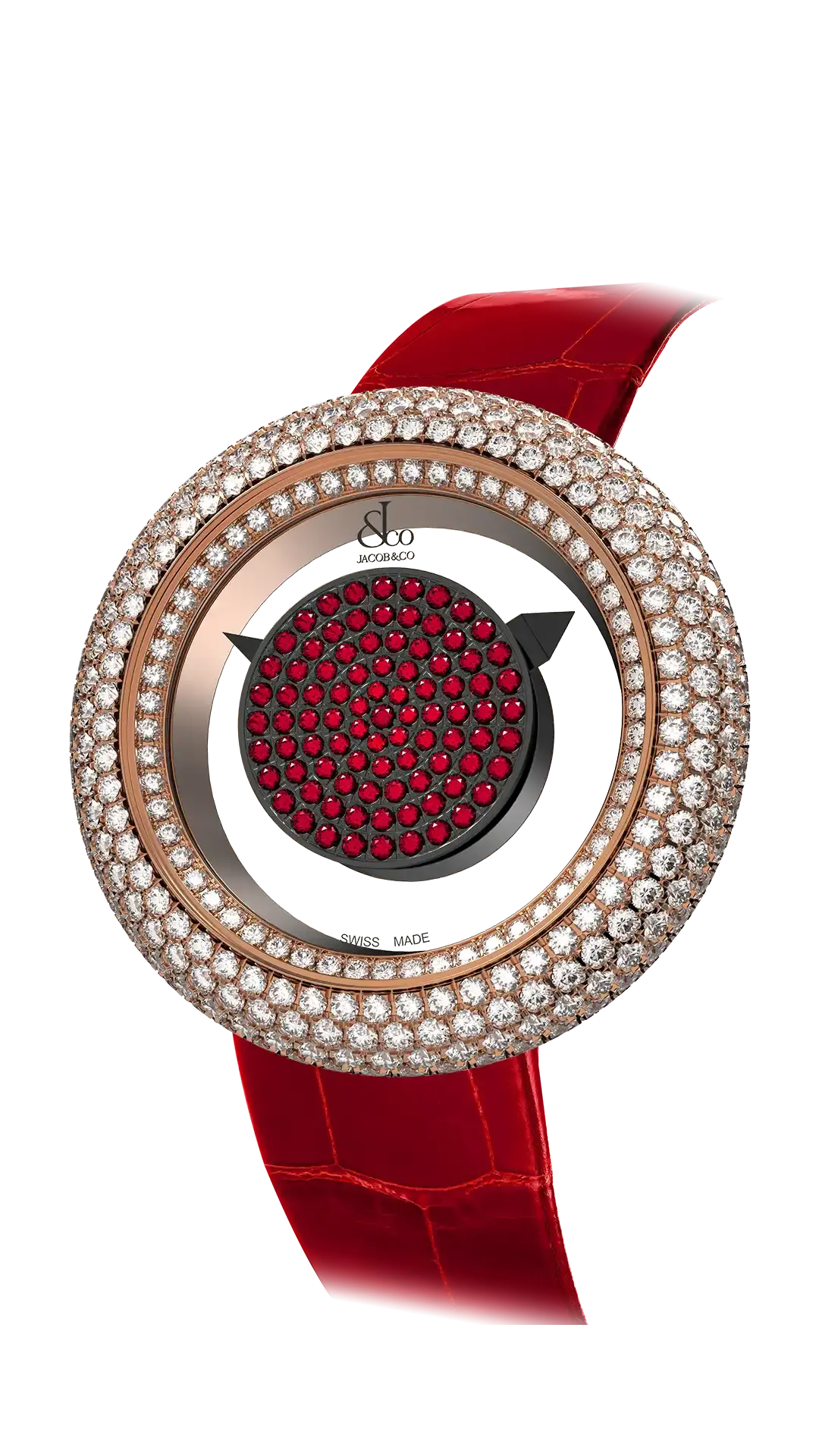 The 38-millimeter rose gold Brilliant Mystery Pave Diamonds, with a ruby-set dial, and a diamond-set bezel