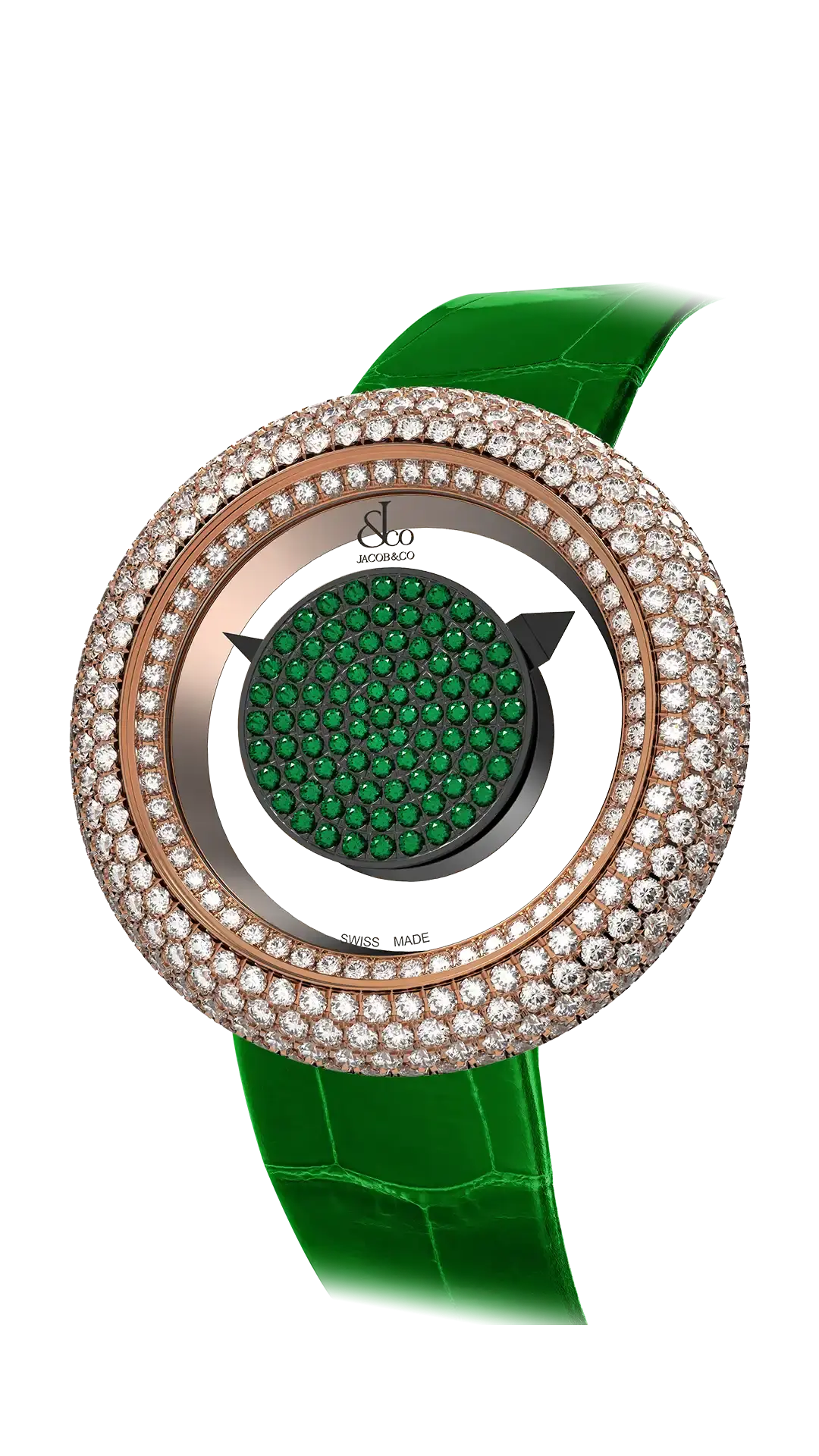The 38-millimeter rose gold Brilliant Mystery Pave Diamonds, with a tsavorite-set dial, and a diamond-set bezel
