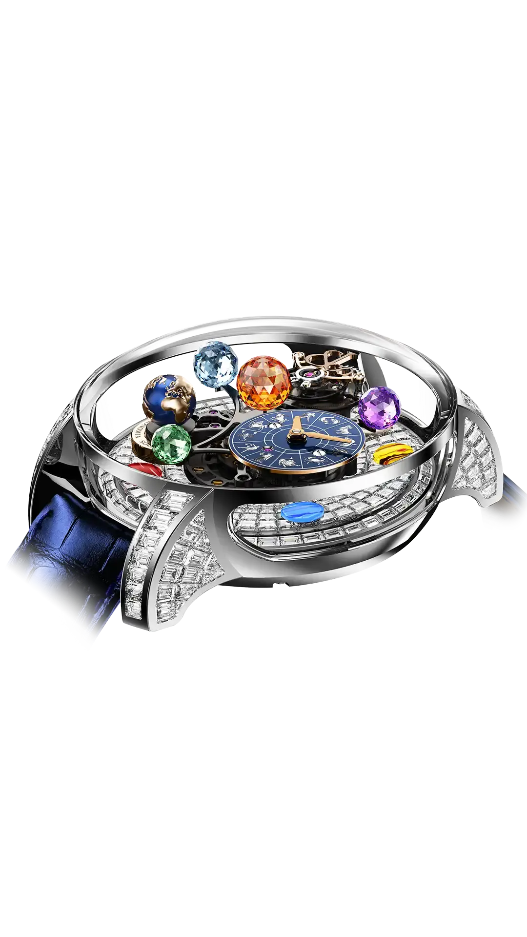 The white gold Astronomia Solar Zodiac, with a baguette-cut diamond platform base and lugs, with a blue dial