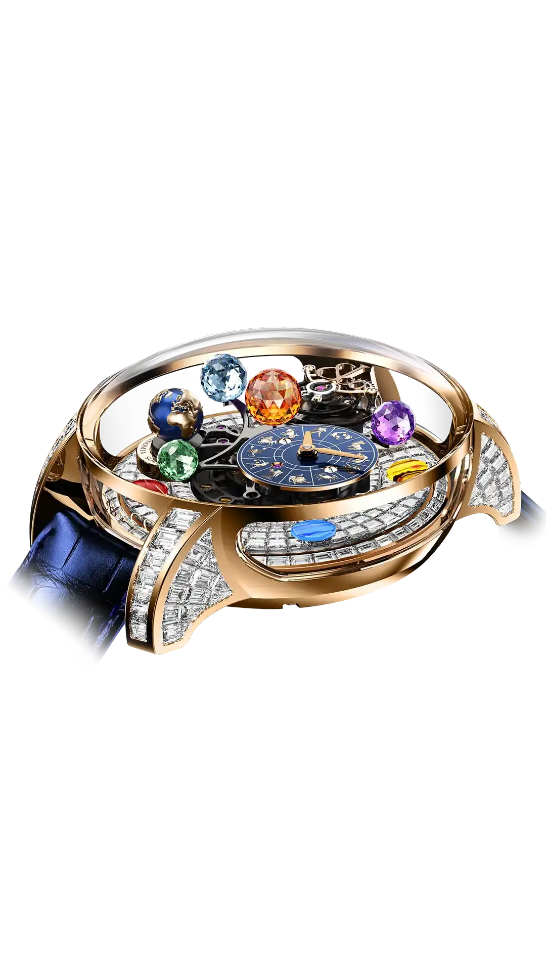 The rose gold Astronomia Solar Zodiac, with a baguette-cut diamond platform base and lugs, with a blue dial.