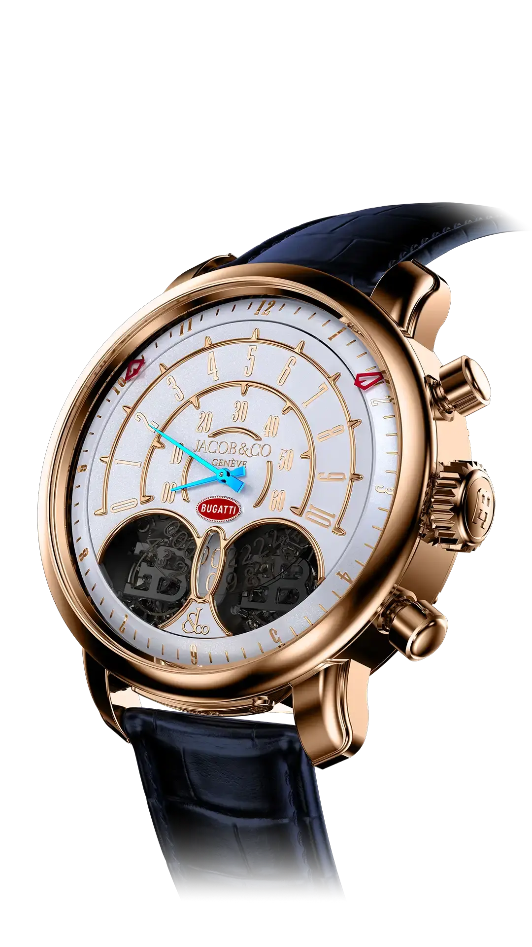 The rose gold Jean Bugatti, with three crowns on the right hand side.