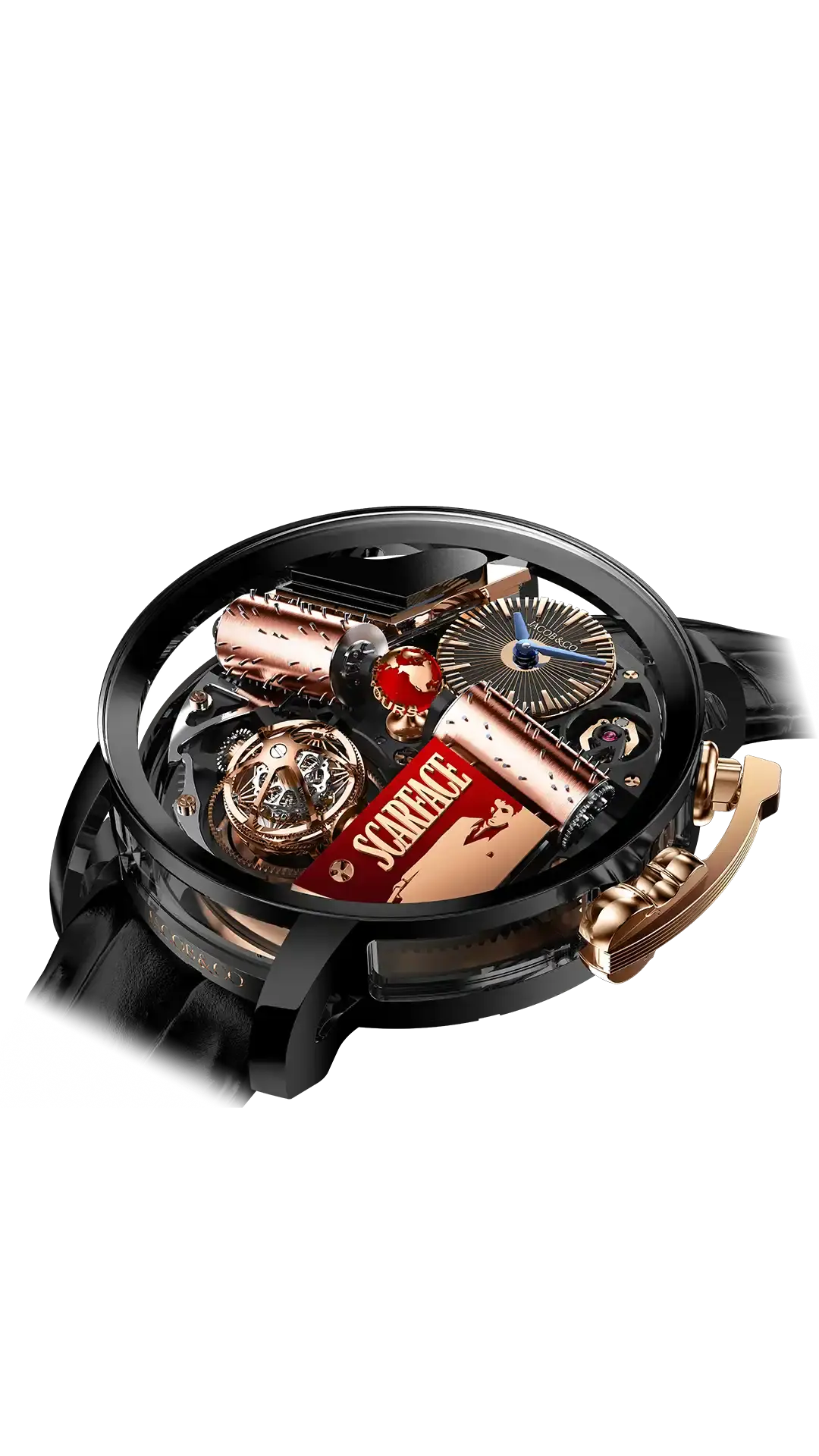The black titanium Opera Scarface, with a rose gold crank and cylinders. The scarface imagery are accented in red.