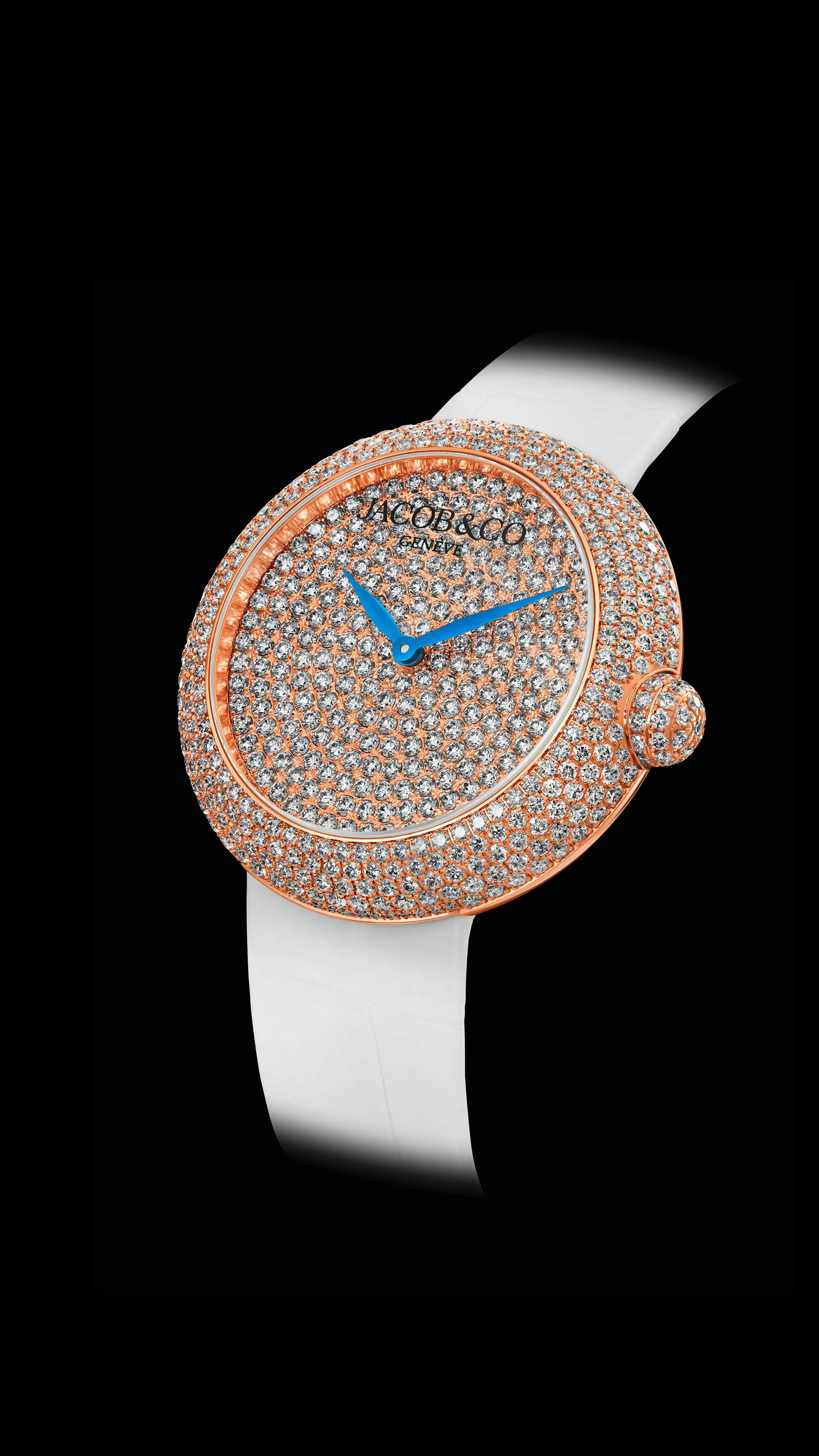 The rose gold Brilliant Pavé watch, angled to the lefthand side.
