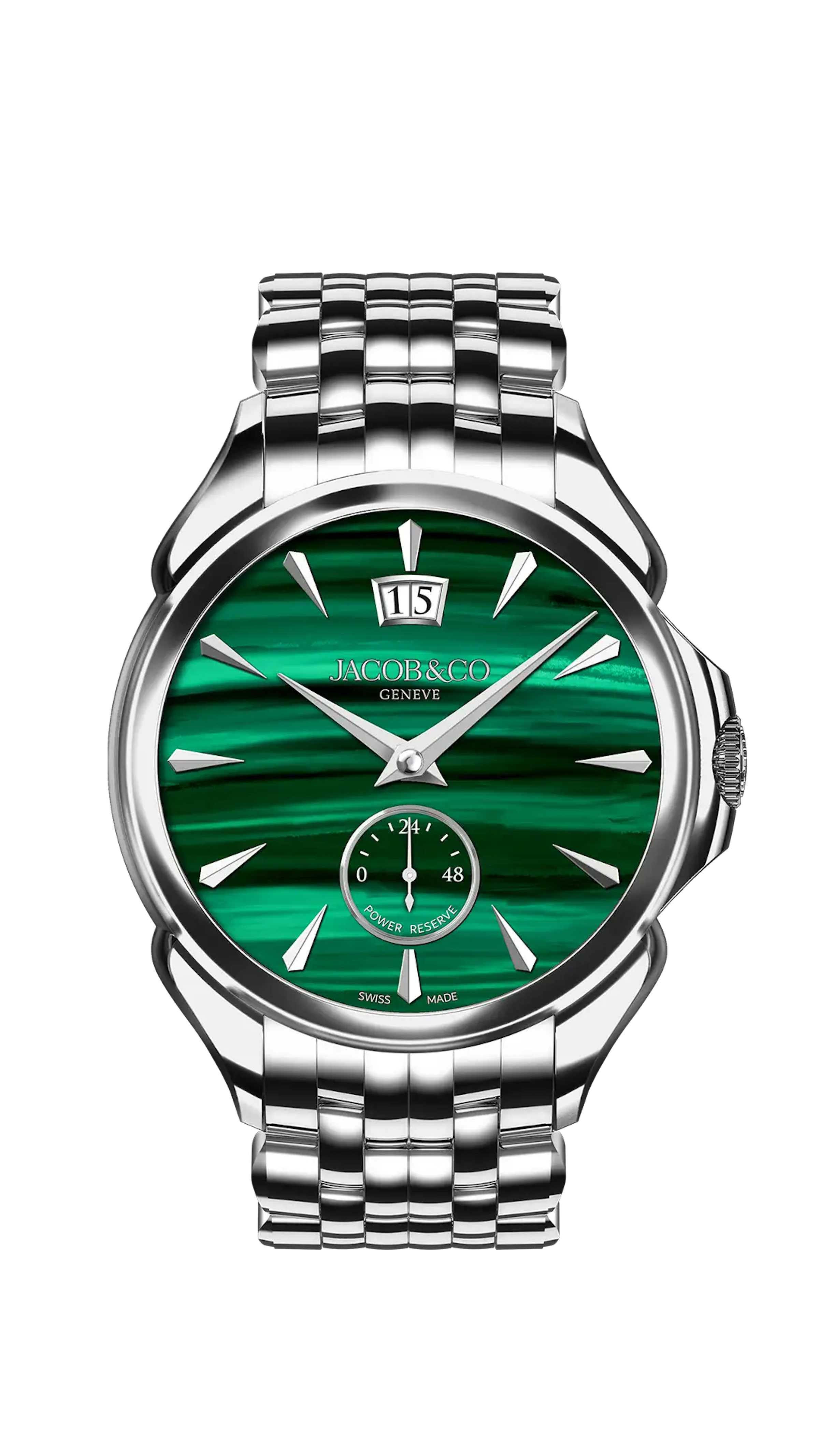 The stainless steel Palatial Classic, in malachite. The watch is attached to a steel bracelet.
