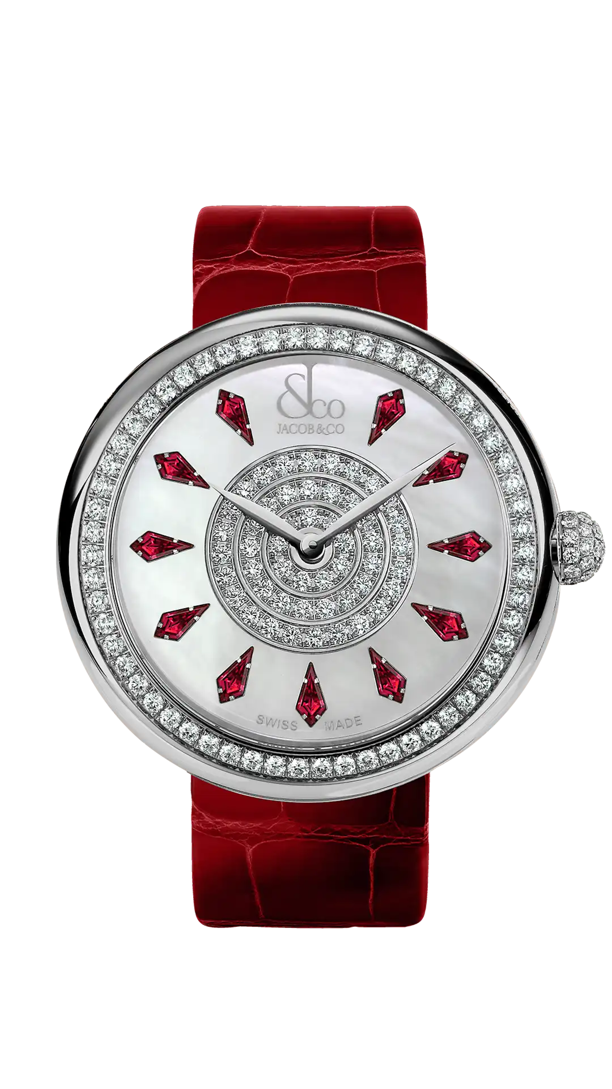 The stainless steel Brilliant watch, with a diamond-set bezel, and ruby hour markers.
