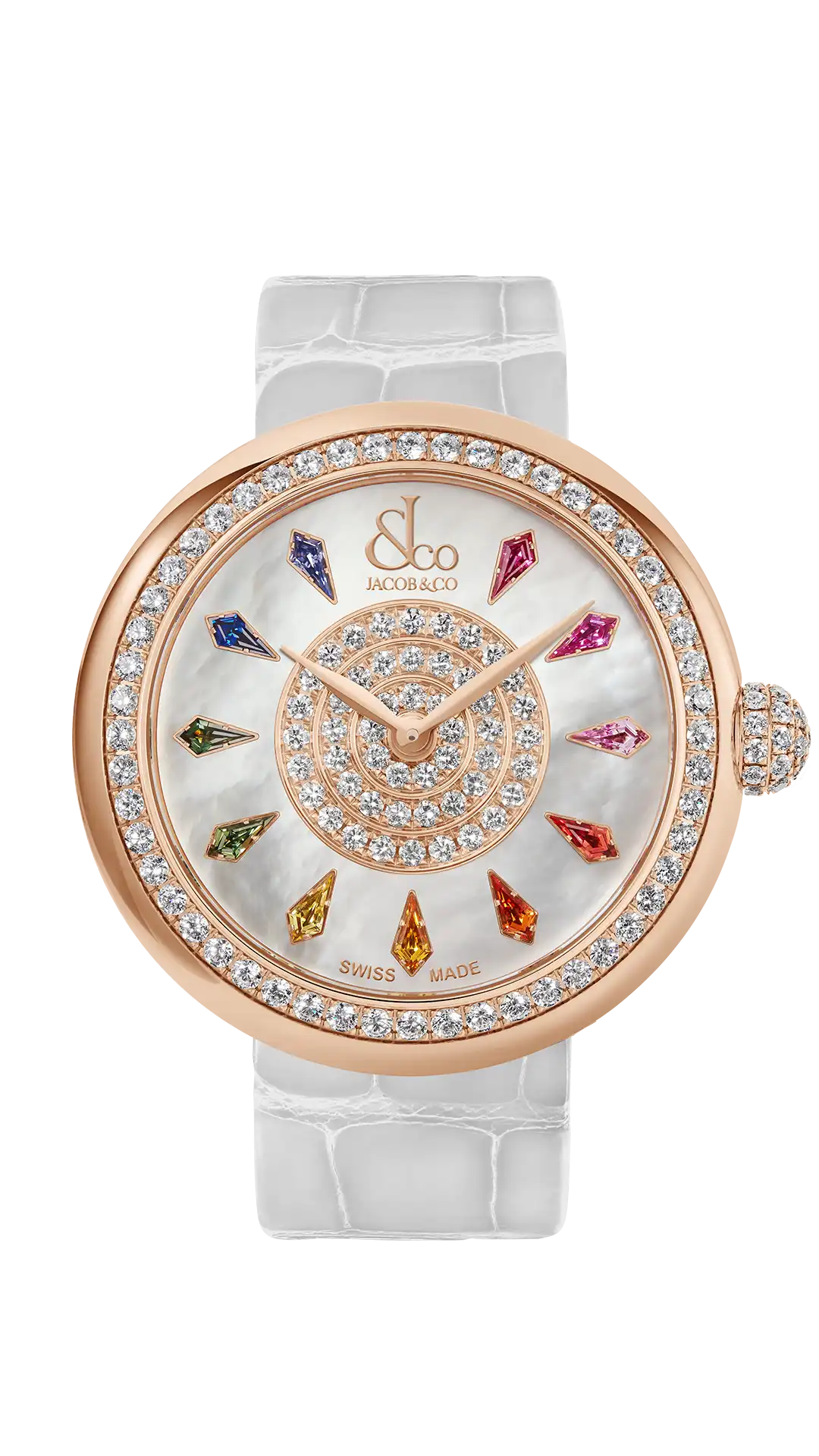 The rose gold Brilliant watch, with a diamond-set bezel, and multicolored rainbow sapphire hour markers.