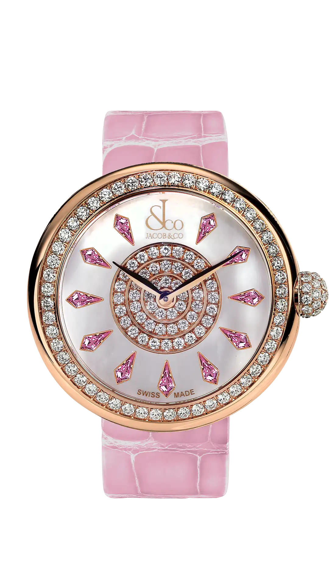 The rose gold Brilliant watch, with a diamond-set bezel, and pink sapphire hour markers.
