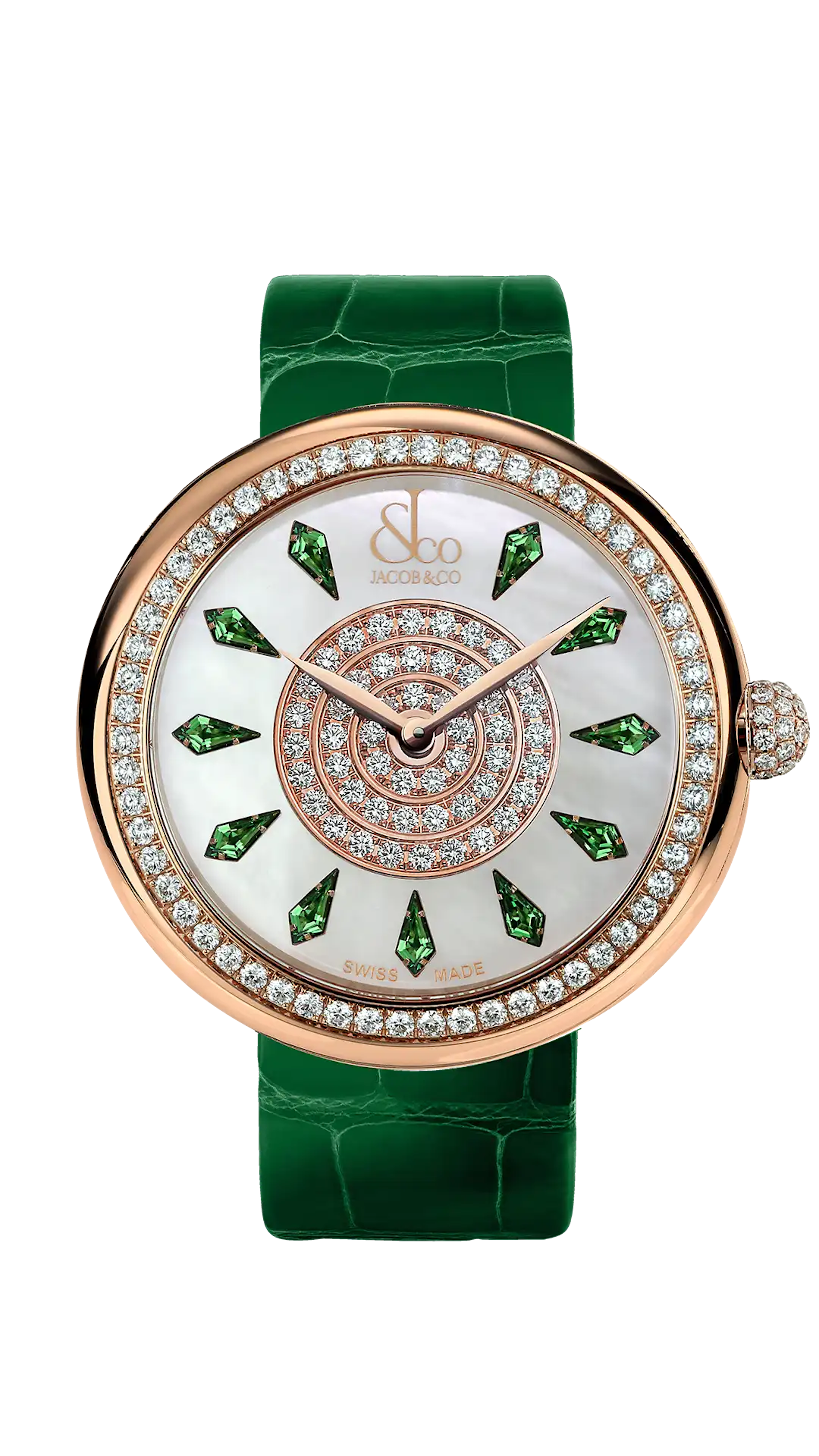 The rose gold Brilliant watch, with a diamond-set bezel, and tsavorite hour markers.