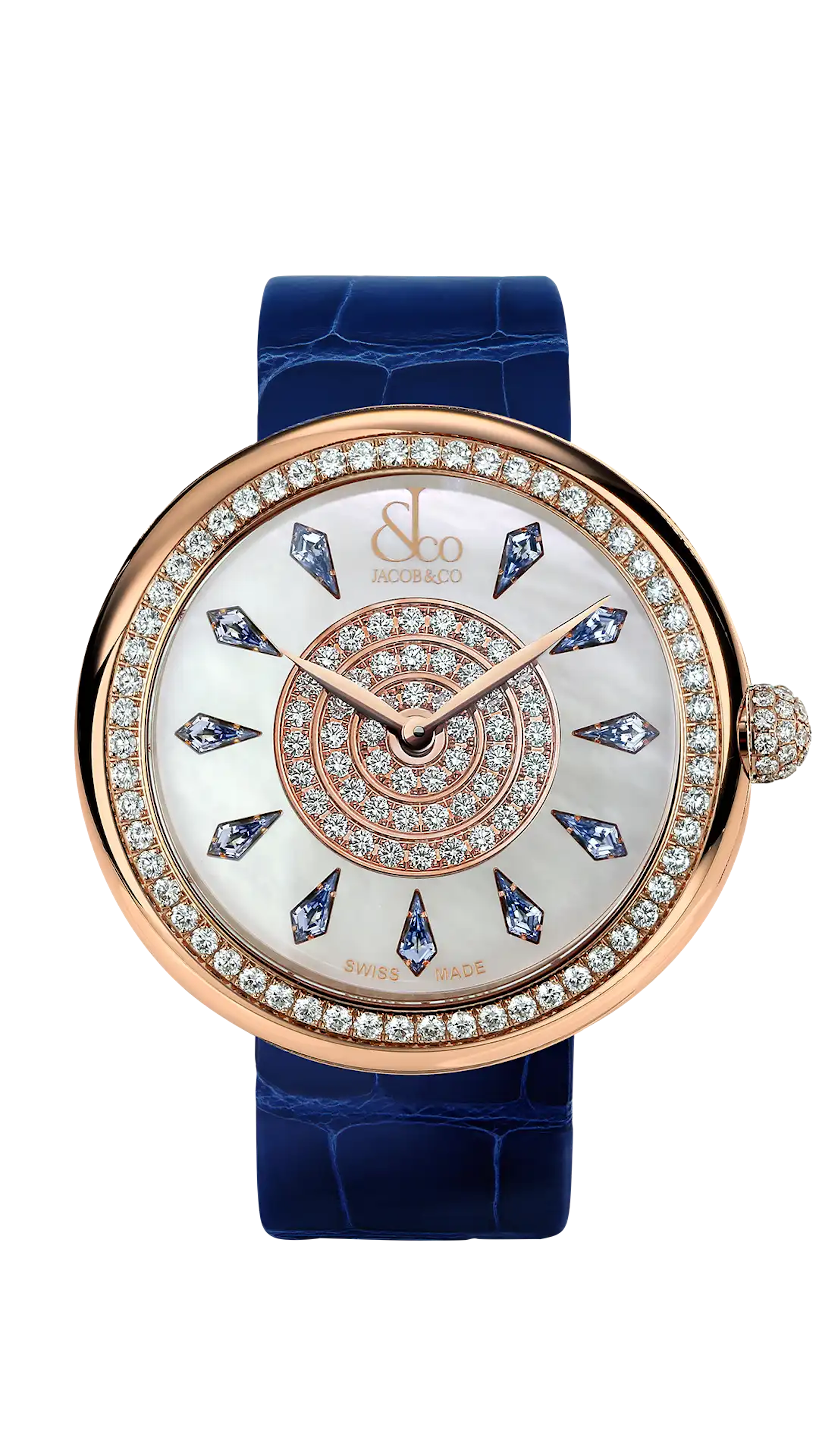 The rose gold Brilliant watch, with a diamond-set bezel, and blue sapphire hour markers.
