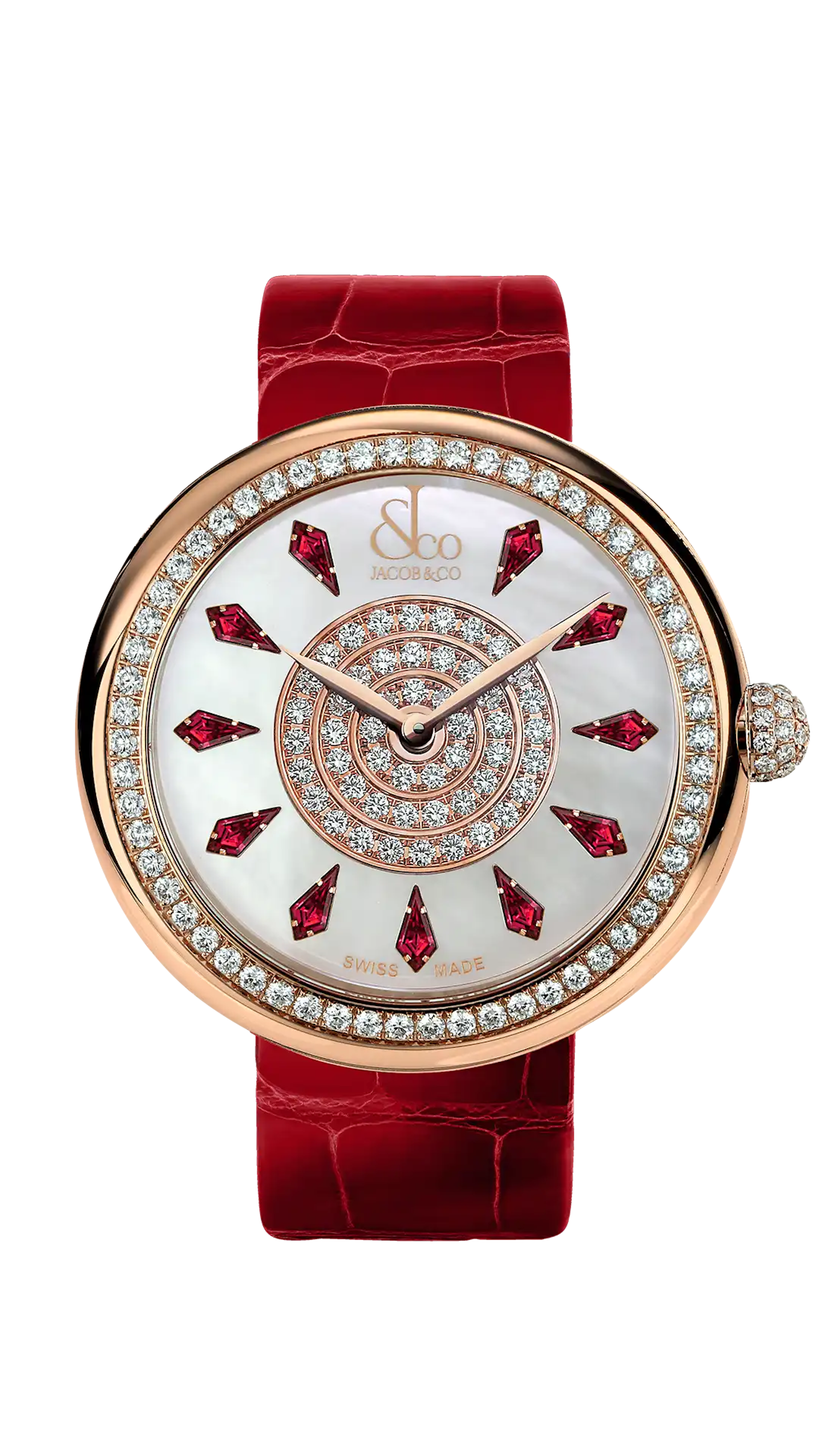 The rose gold Brilliant watch, with a diamond-set bezel, and ruby hour markers.