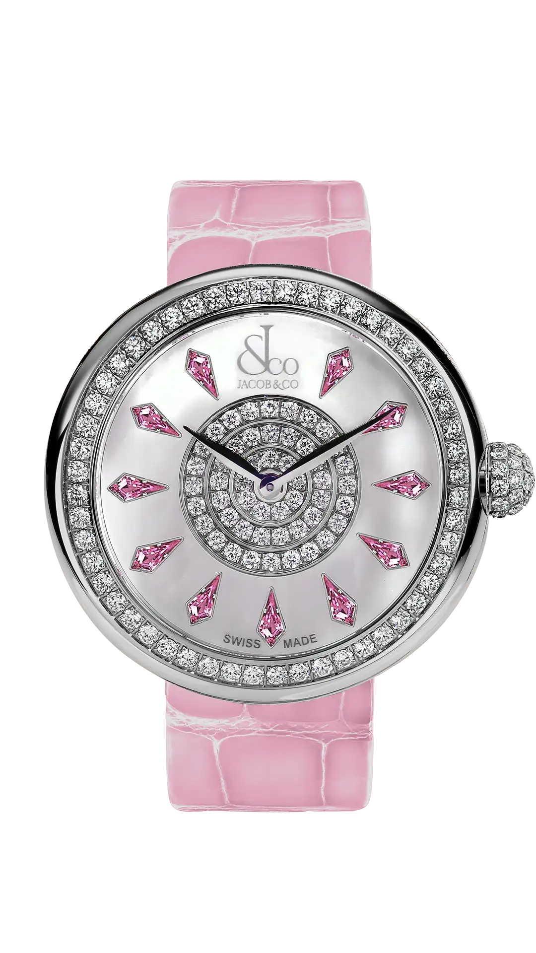 The stainless steel Brilliant watch, with a diamond-set bezel, and pink sapphire hour markers.