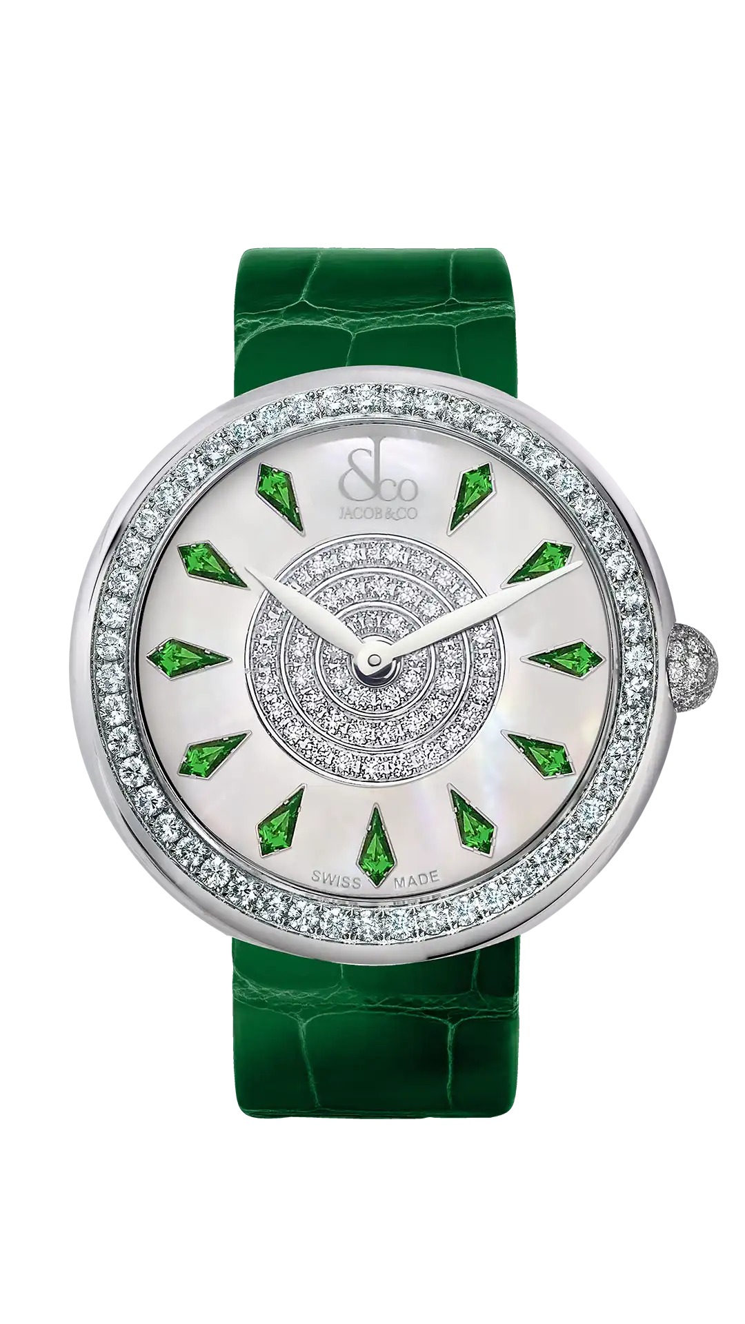 The stainless steel Brilliant watch, with a diamond-set bezel, and tsavorite hour markers.