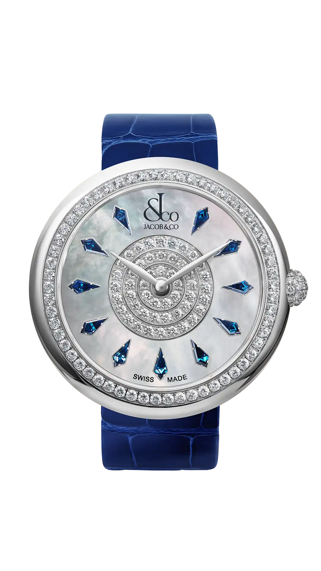 The stainless steel Brilliant watch, with a diamond-set bezel, and blue sapphire hour markers.