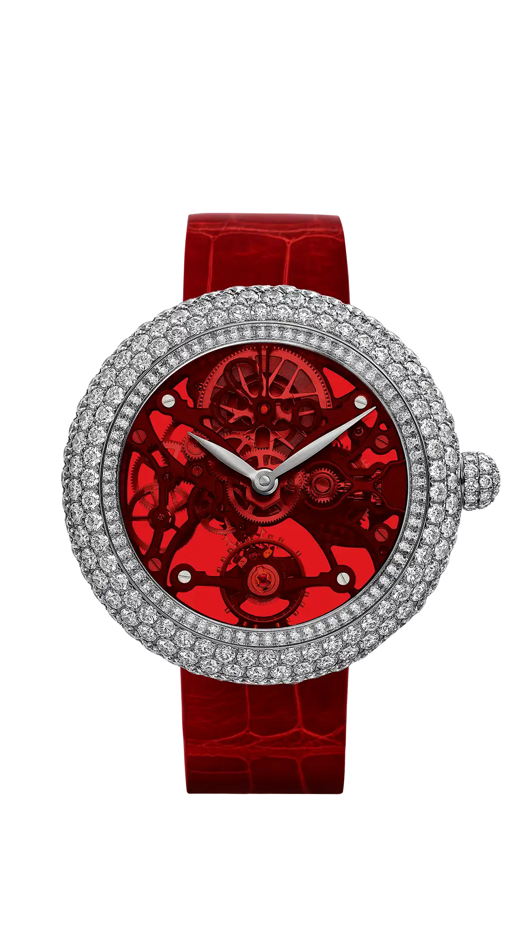 The steel Brilliant Skeleton Northern Lights, with a red dial, and diamonds set across the case bezel and crown