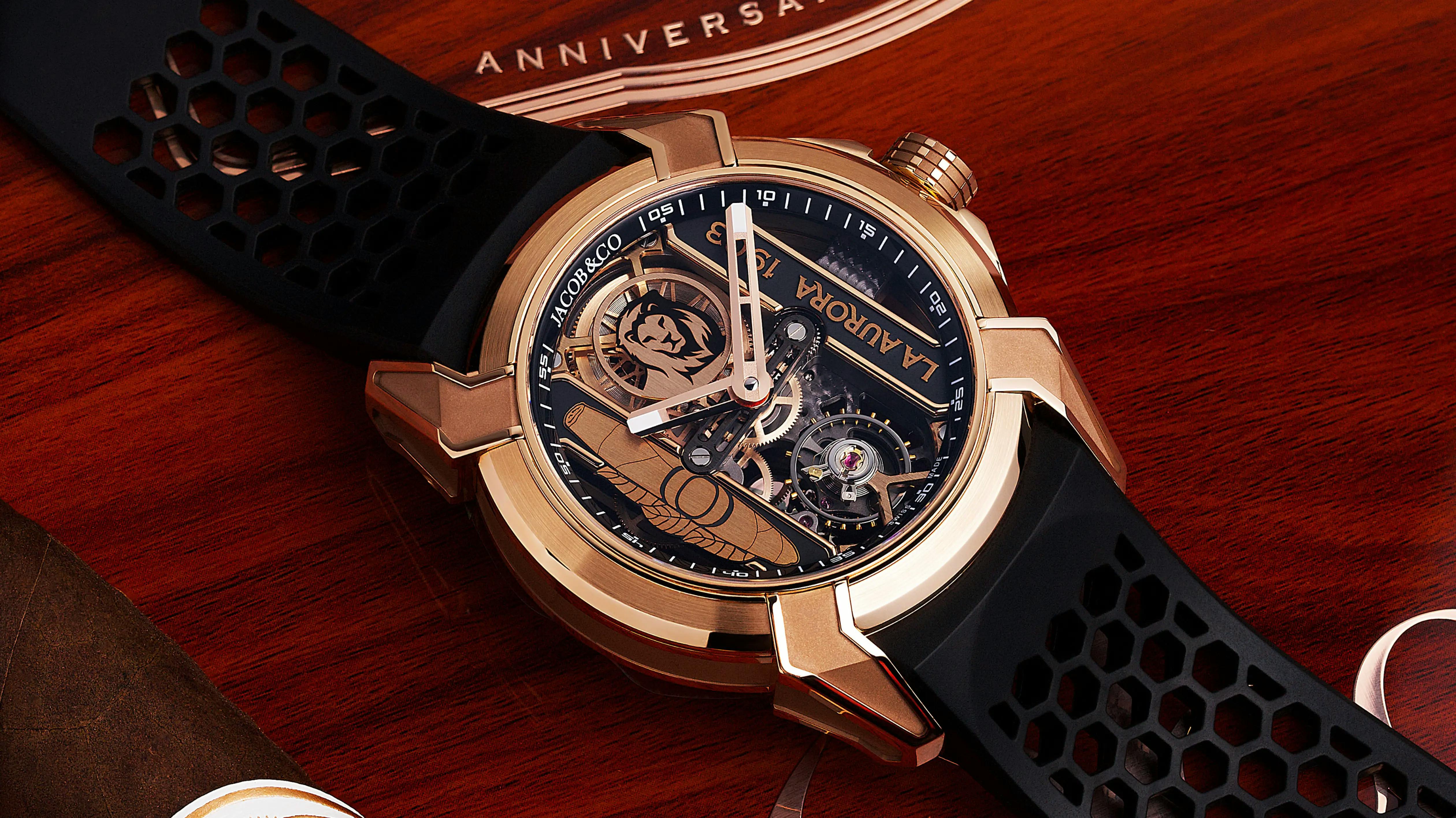 Image of the Epic X La Aurora watch laid flat on a wooden surface