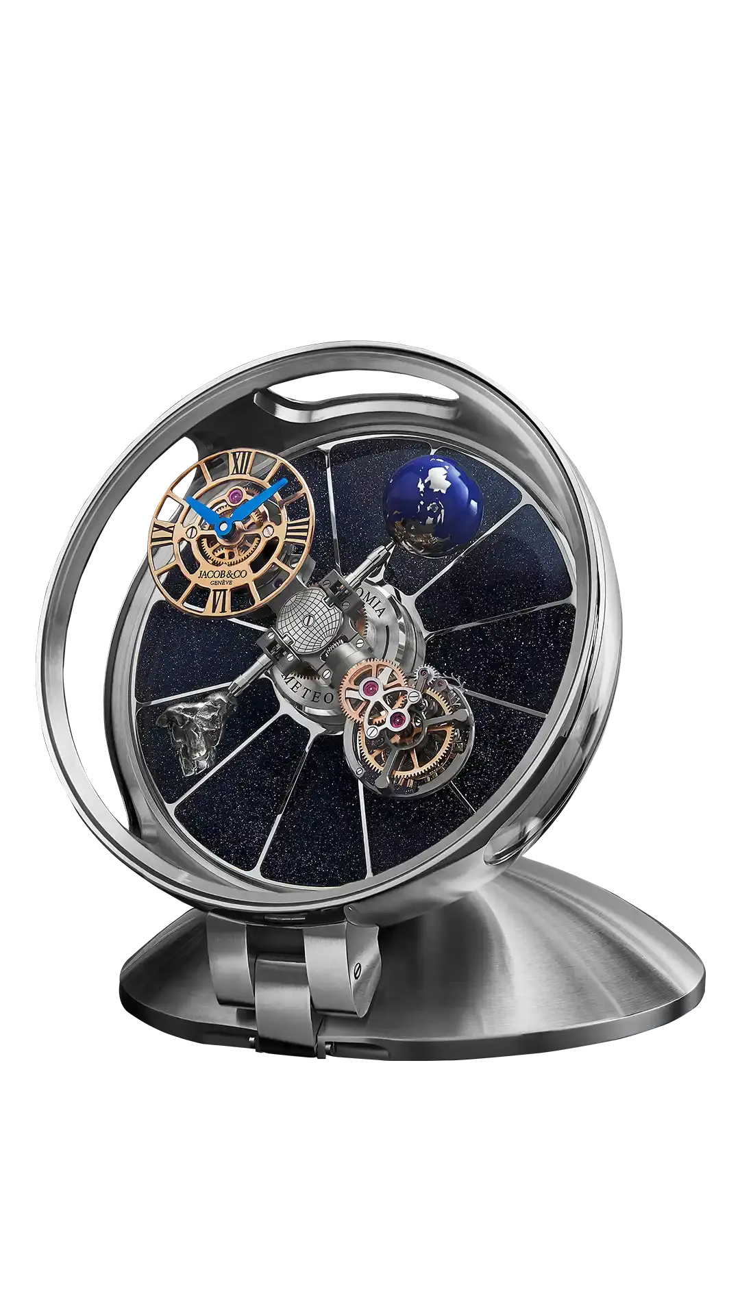 The stainless steel Astronomia Table Clock, with a rotating meteorite, earth, tourbillon, and skeleton dial.
