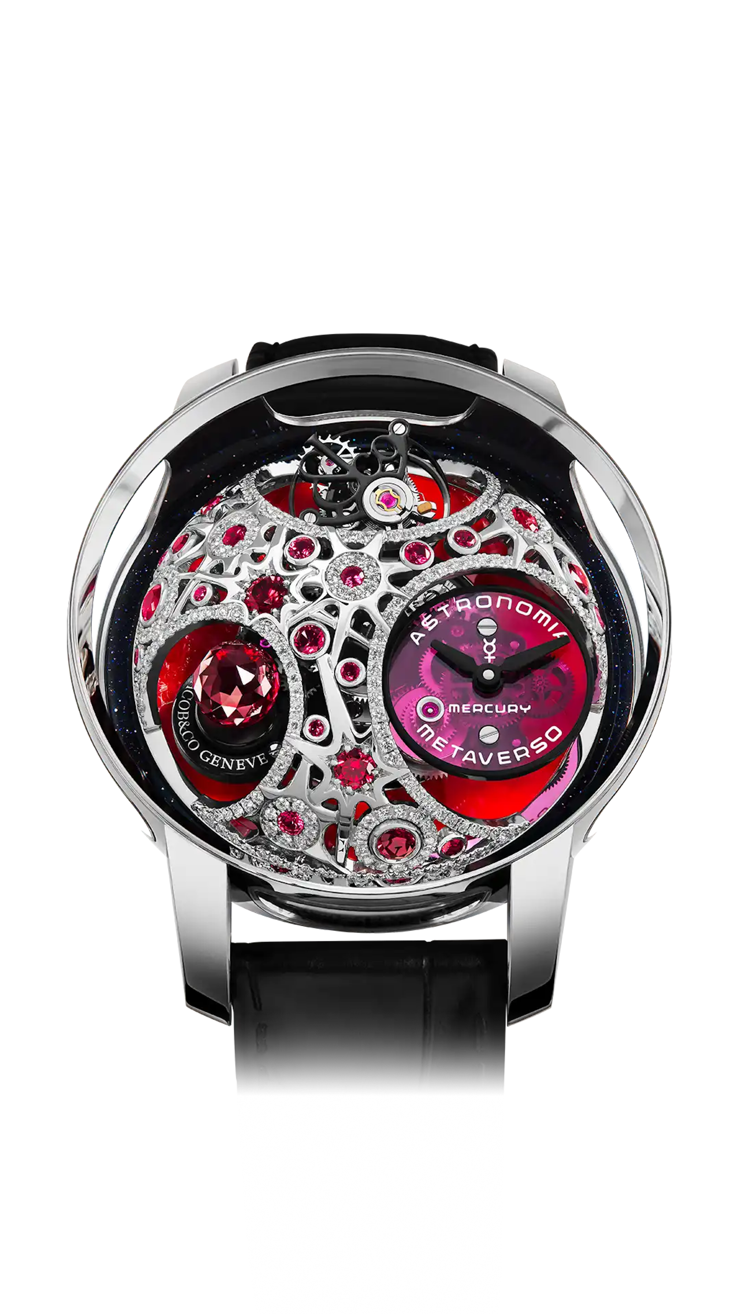 The white gold Astronomia Metaverso Mercury, with a ruby planet and multiple ruby-set metallic dome.