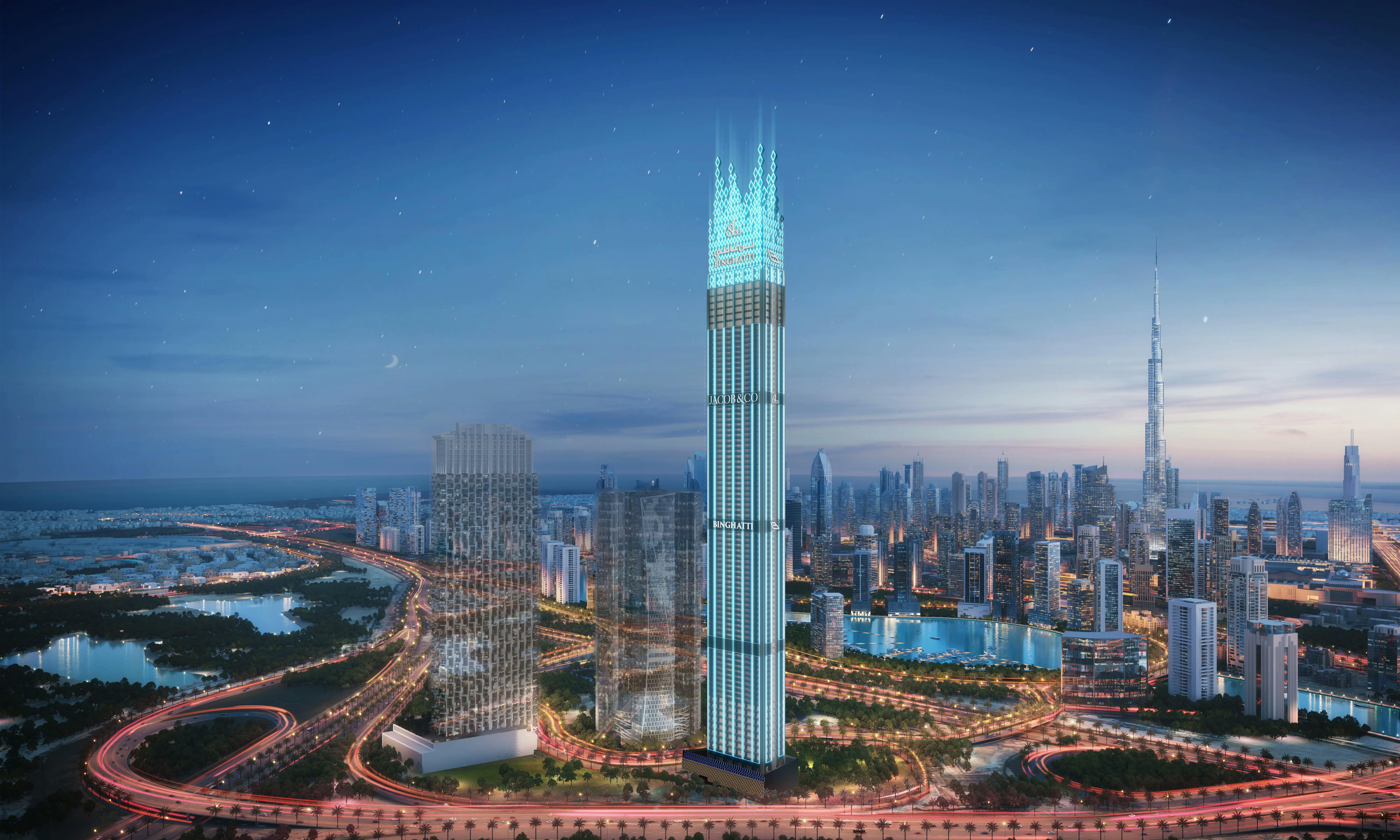 An aerial image of tall buildings