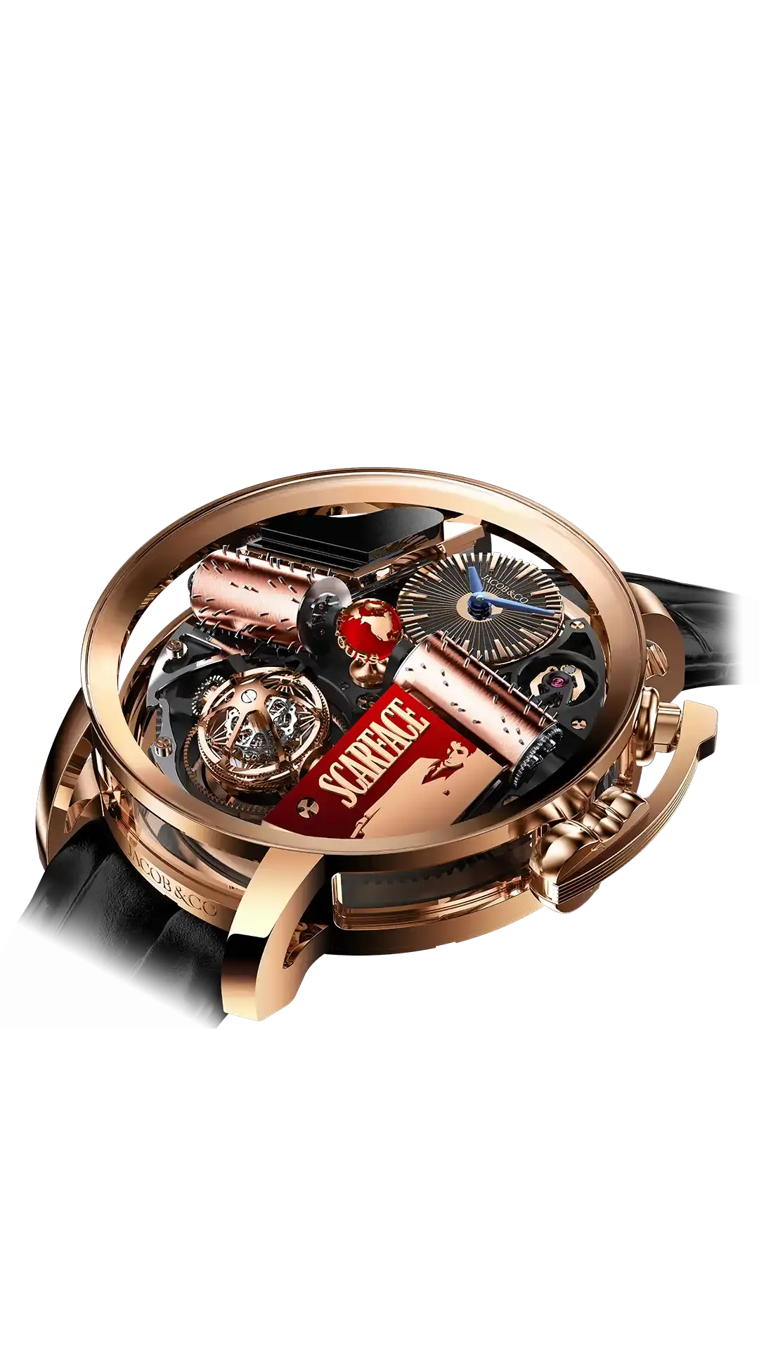 The rose gold Opera Scarface, with a rose gold crank and cylinders. The scarface imagery are accented in red.