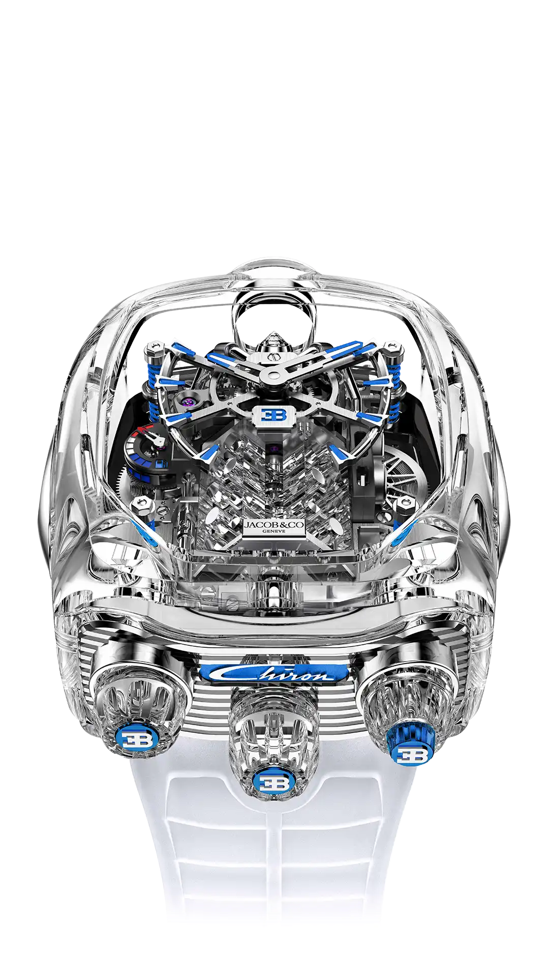 The clear Bugatti Chiron Tourbillon Sapphire Crystal with blue accents.