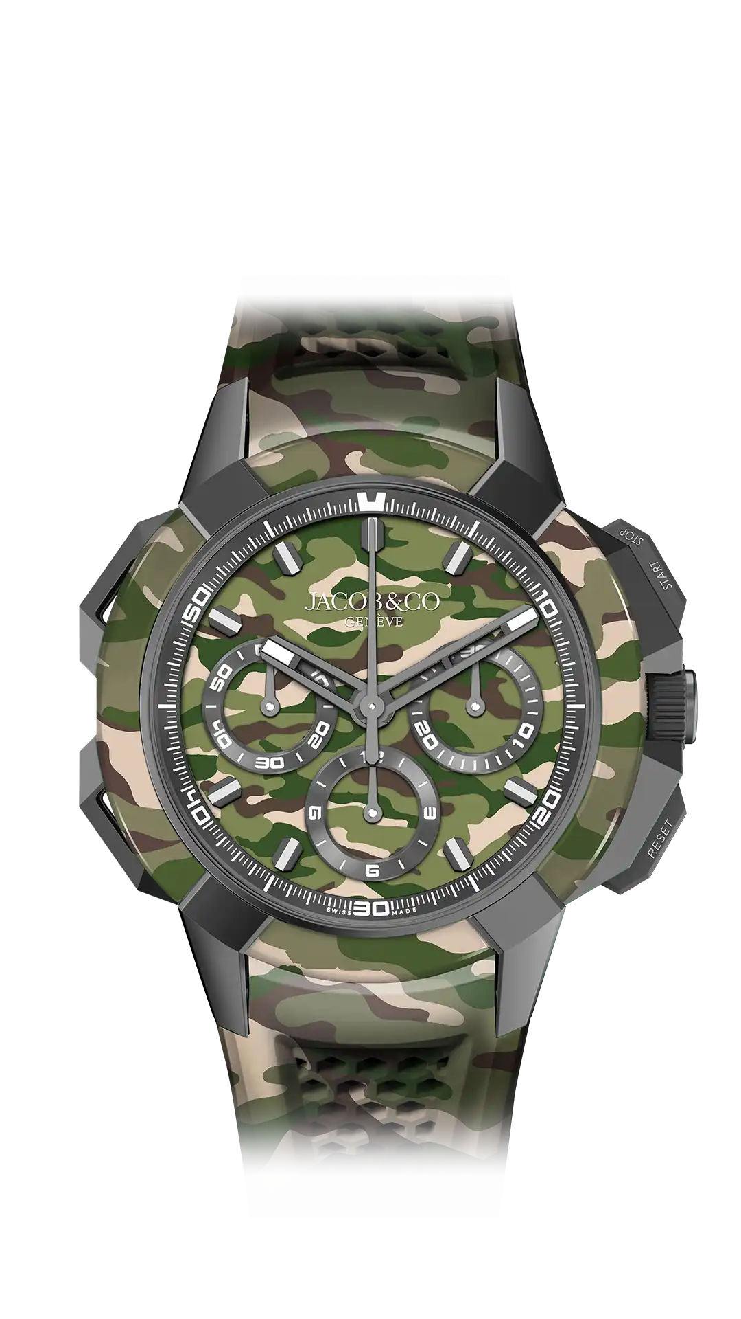 The titanium Epic X Chrono 44MM Tri-Compax, with a camo green mineral dial and camo green accents.