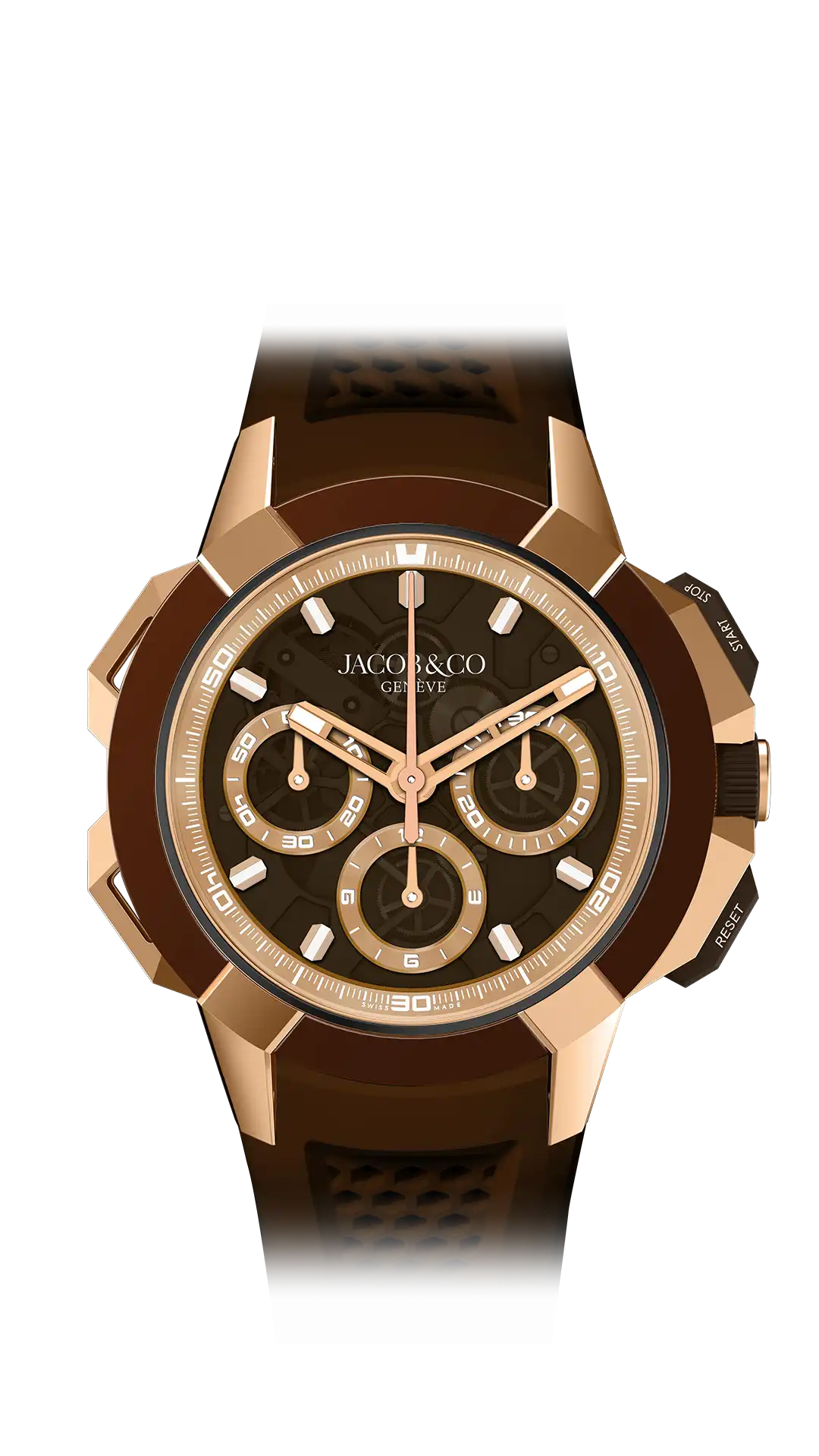 The rose gold Epic X Chrono 44MM Tri-Compax, with a brown mineral dial and rose gold accents.