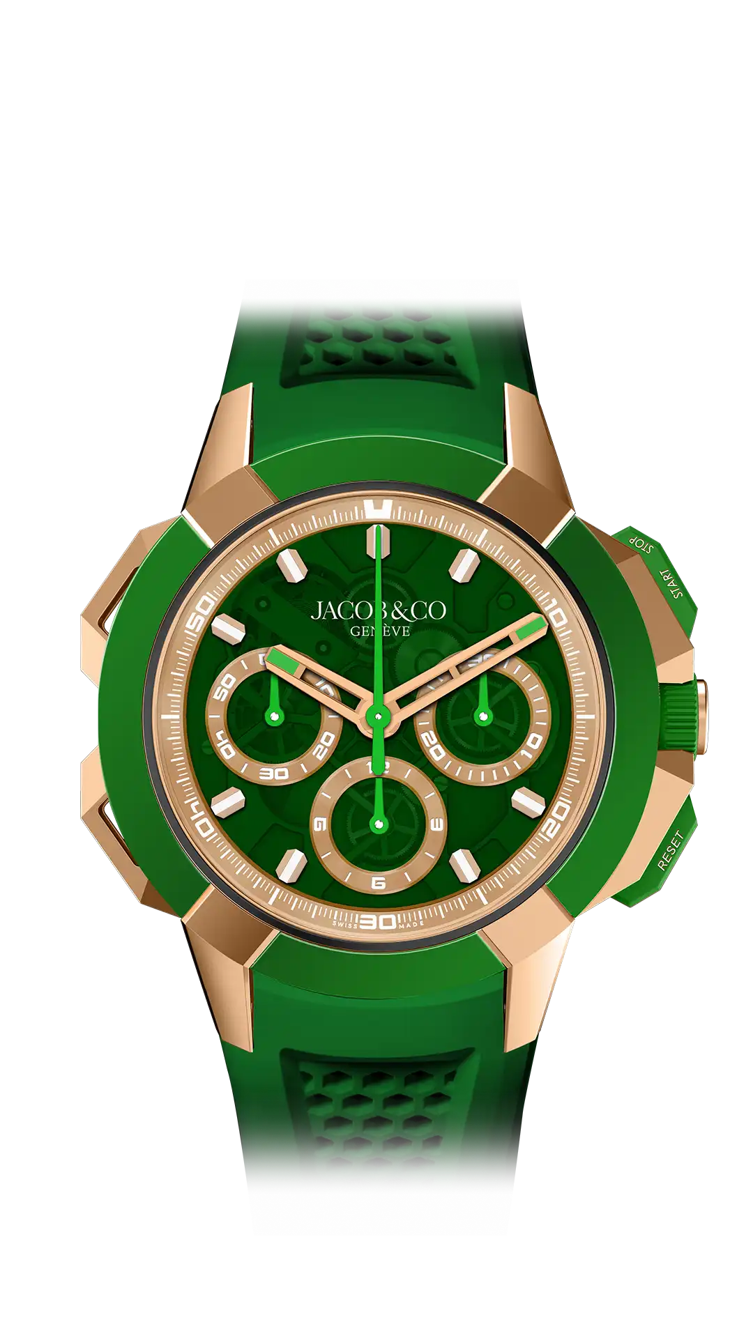 The rose gold Epic X Chrono 44MM Tri-Compax, with a green mineral dial and rose gold accents.