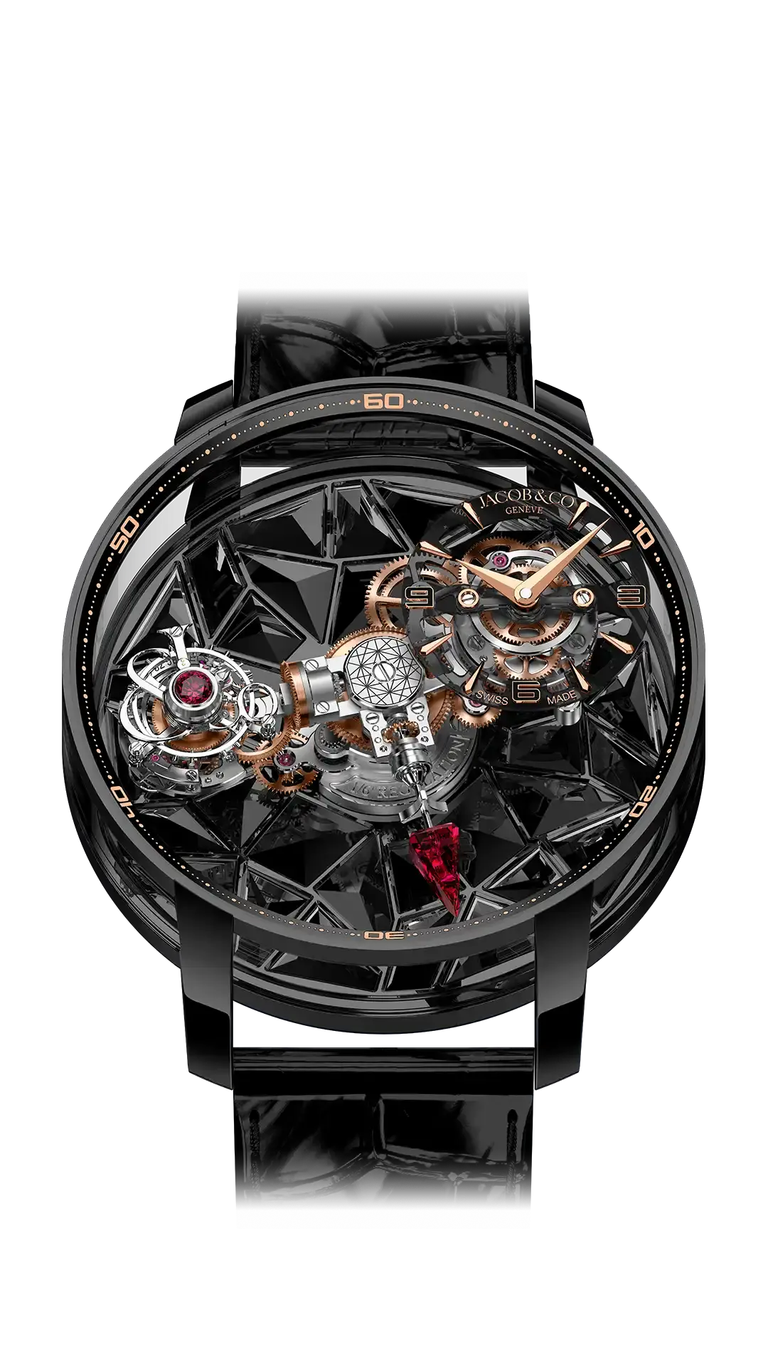 The black gold Astronomia Revolution, with a black spinel platform base and a black skeleton dial.