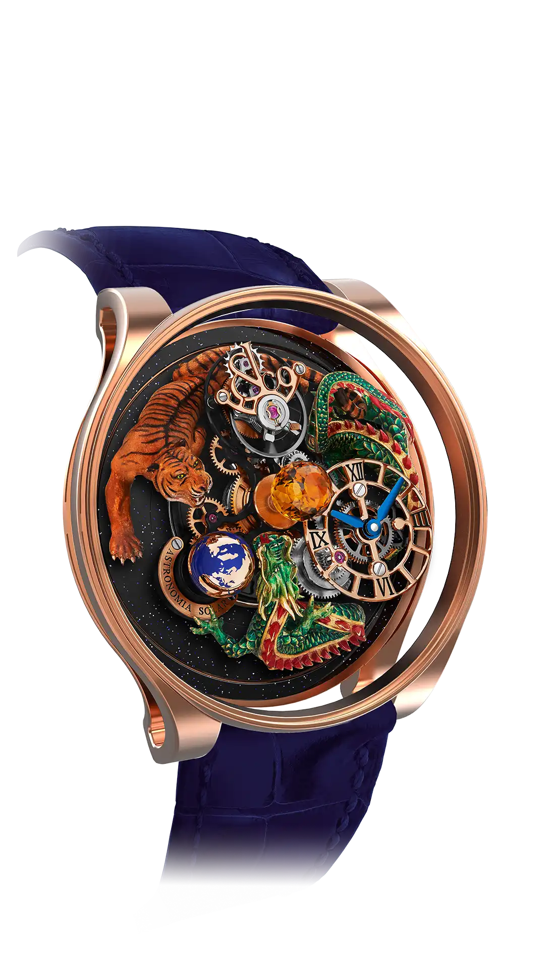 The rose gold Astronomia Dragon & Tiger. A green tiger faces a tiger above a black constellation dial.