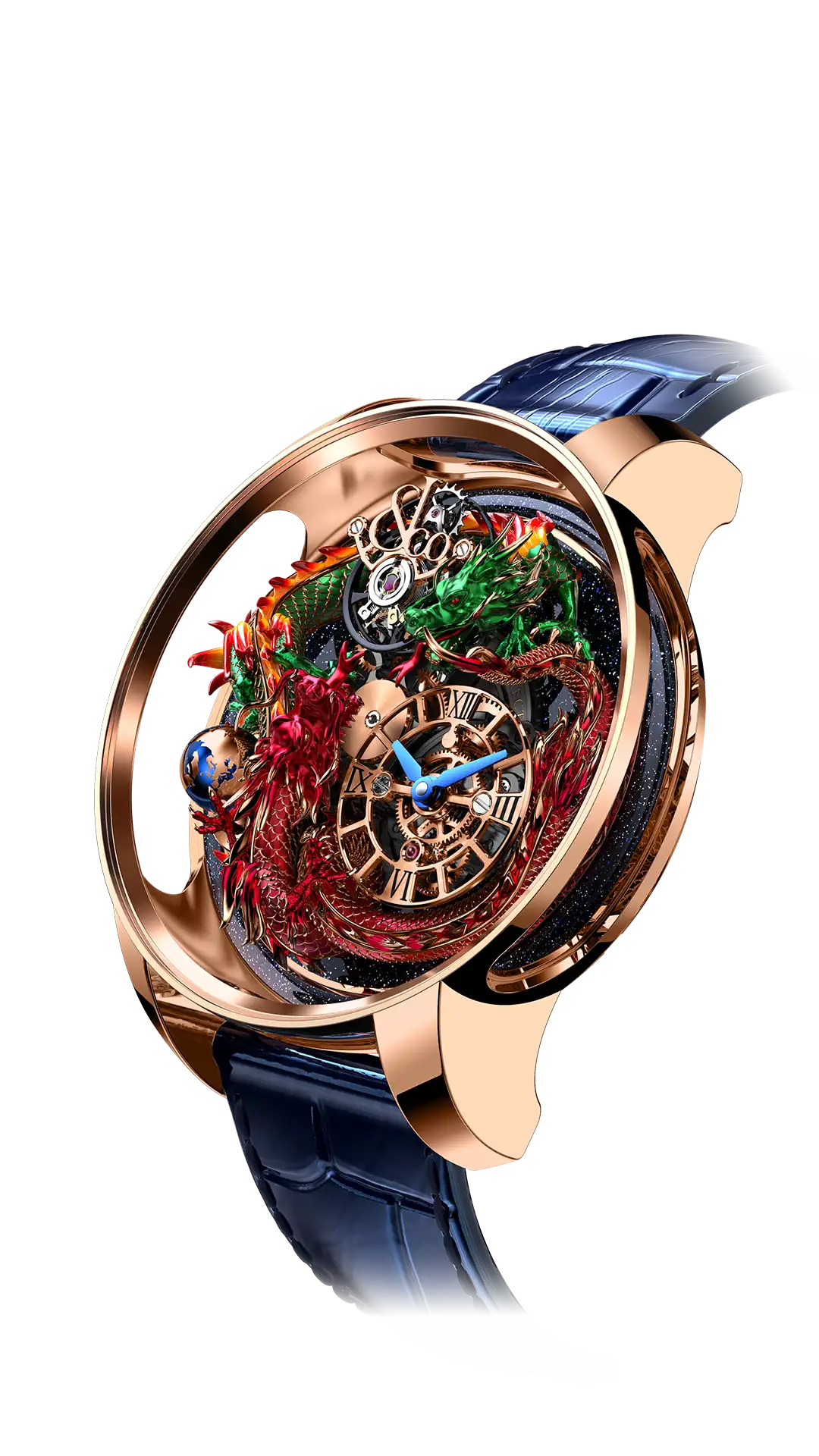 The rose gold Astronomia Two Dragons. A red dragon faces off against a green dragon.