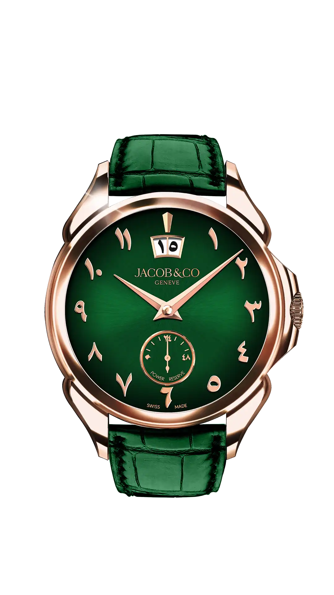 The rose gold Palatial Classic, in malachite. The hour indicators are Arabic. it is attached to an alligator leather strap.