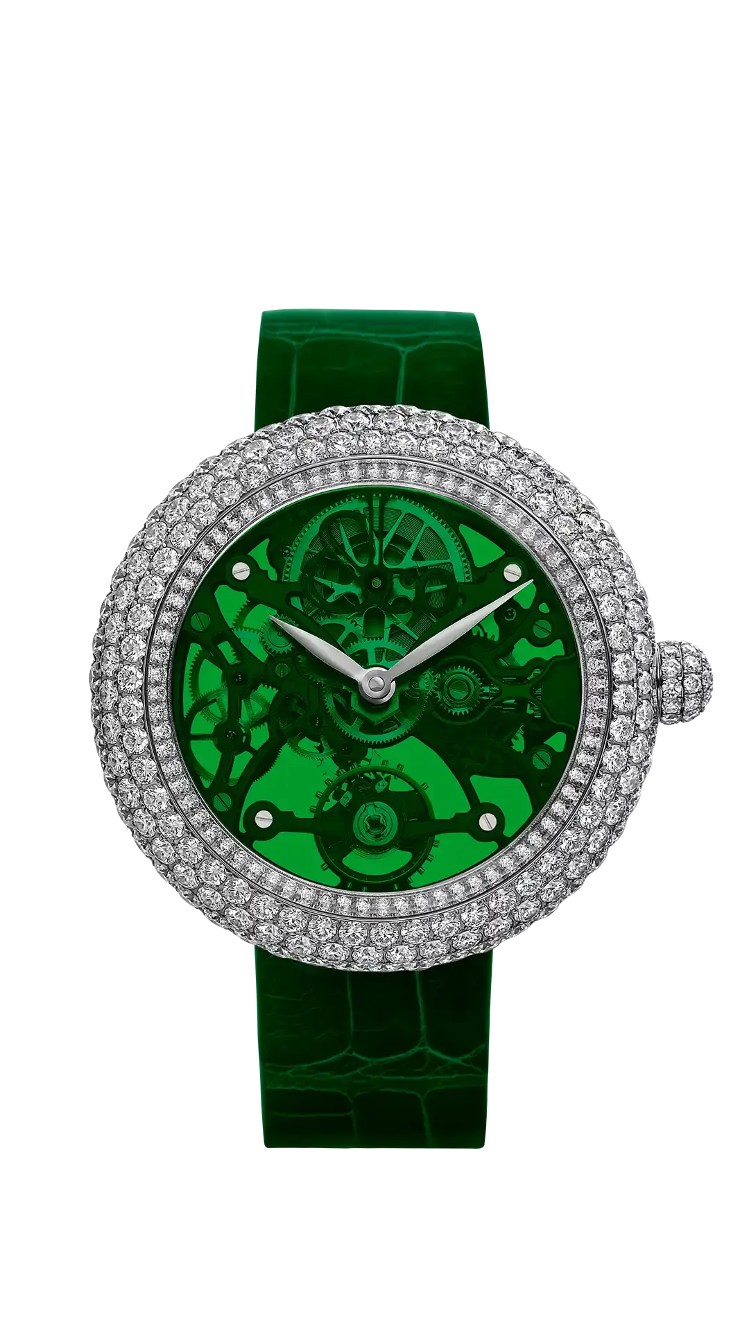 The steel Brilliant Skeleton Northern Lights, with a red dial, and diamonds set across the case bezel and crown