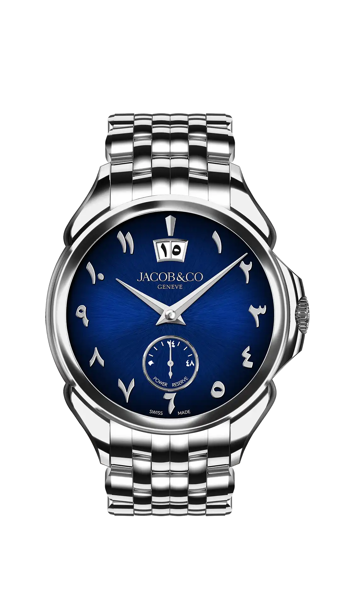 The rose gold Palatial Classic, in lapis lazuli. The hour indicators are Arabic. It is attached to a steel bracelet.