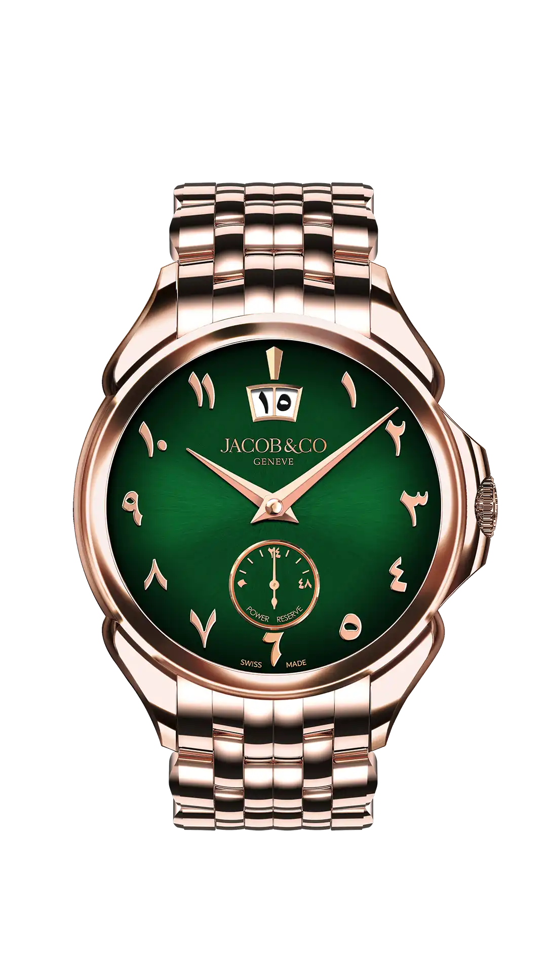 The rose gold Palatial Classic, in malachite. The hour indicators are Arabic. It is attached to a rose gold bracelet.