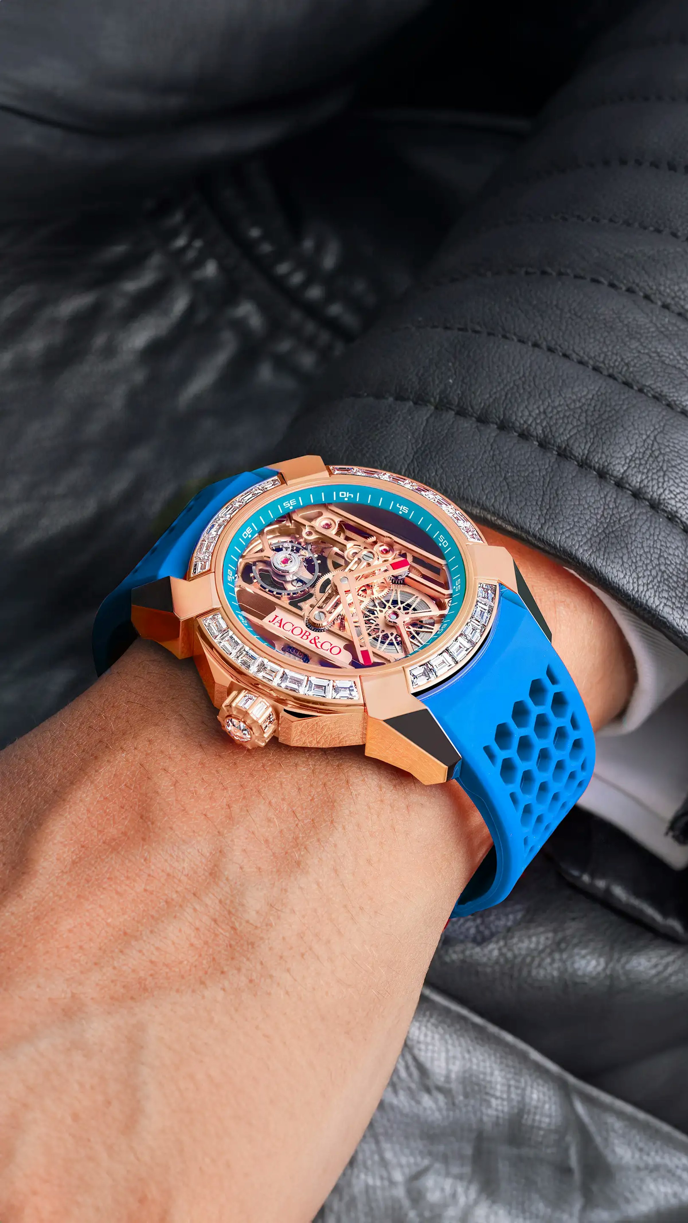 the rose gold epic x baguette, in blue, worn on the wrist