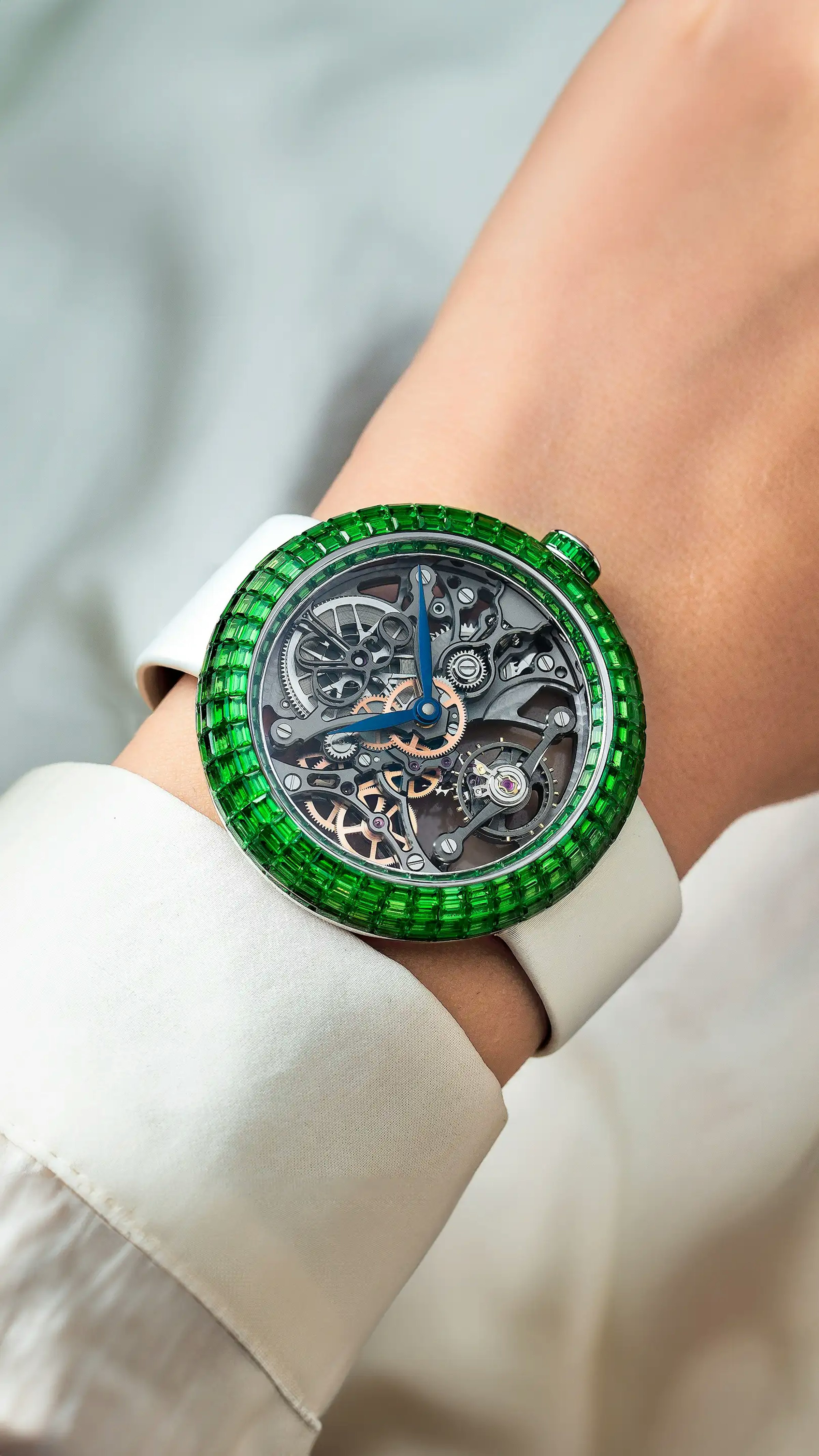 The Brilliant Skeleton Baguette in white gold with Tsavorites.