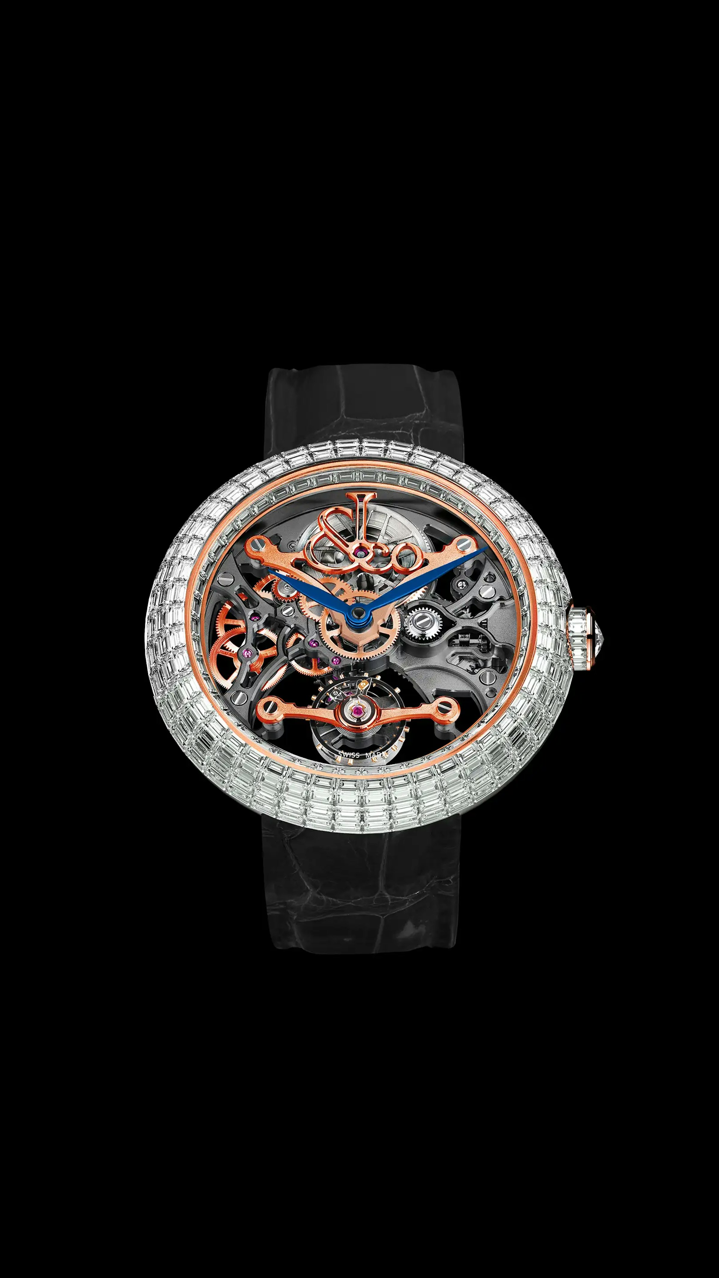 The Brilliant Skeleton Baguette in rose gold with white diamonds.