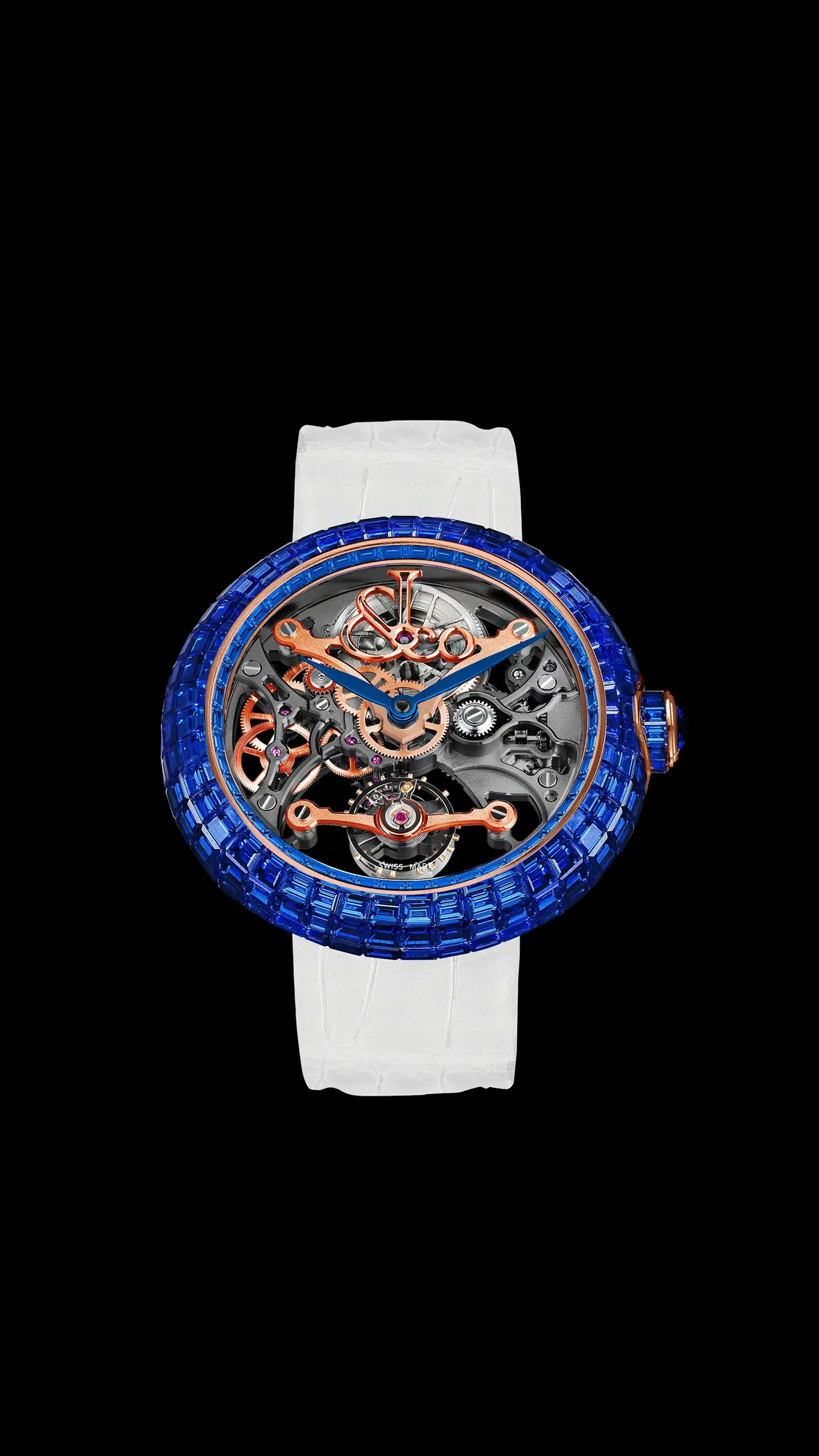 The Brilliant Skeleton Baguette in rose gold with blue sapphires.