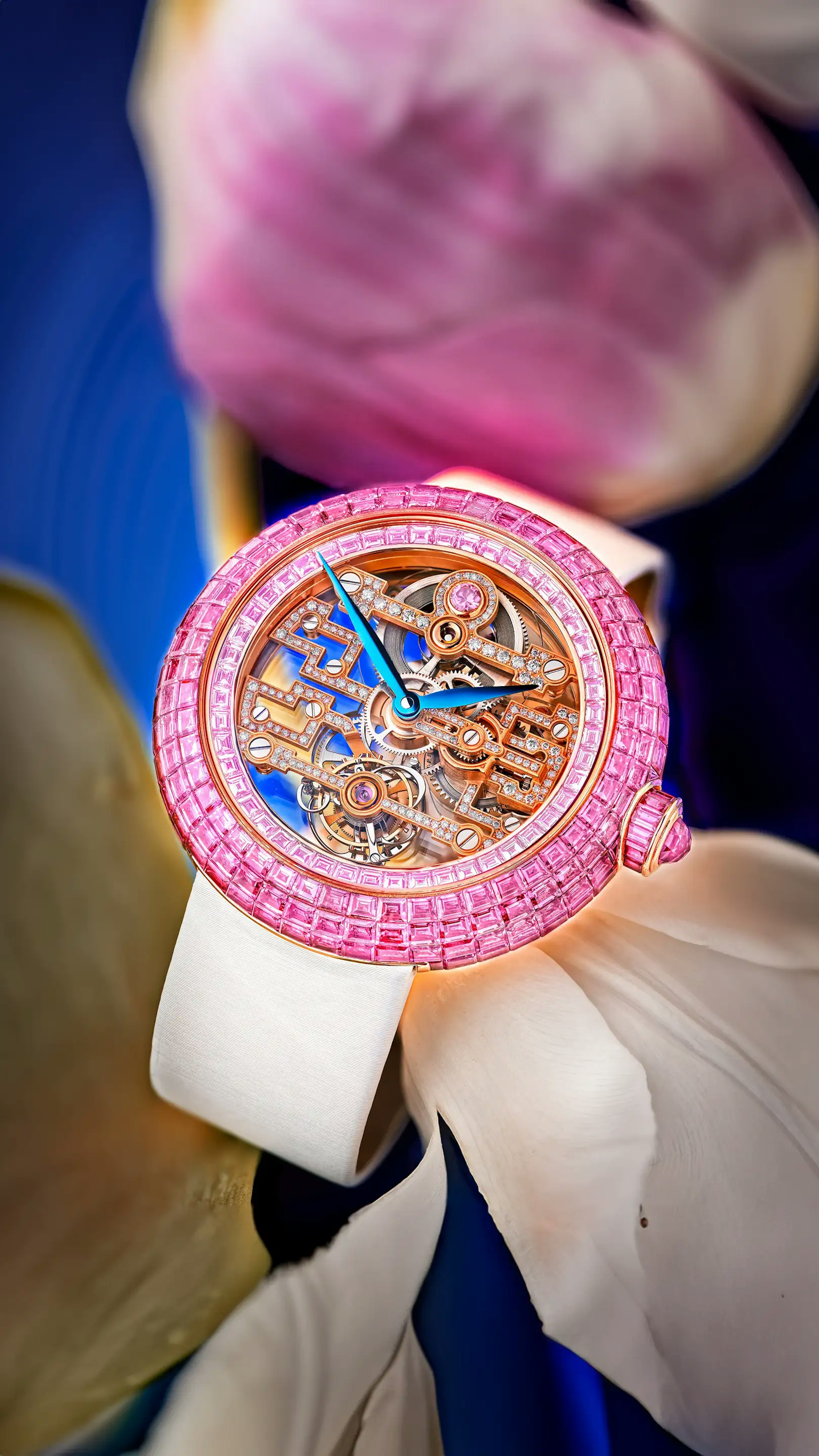 Angled view of the Pink Sapphire Brilliant Art Deco Tourbillon in rose gold.