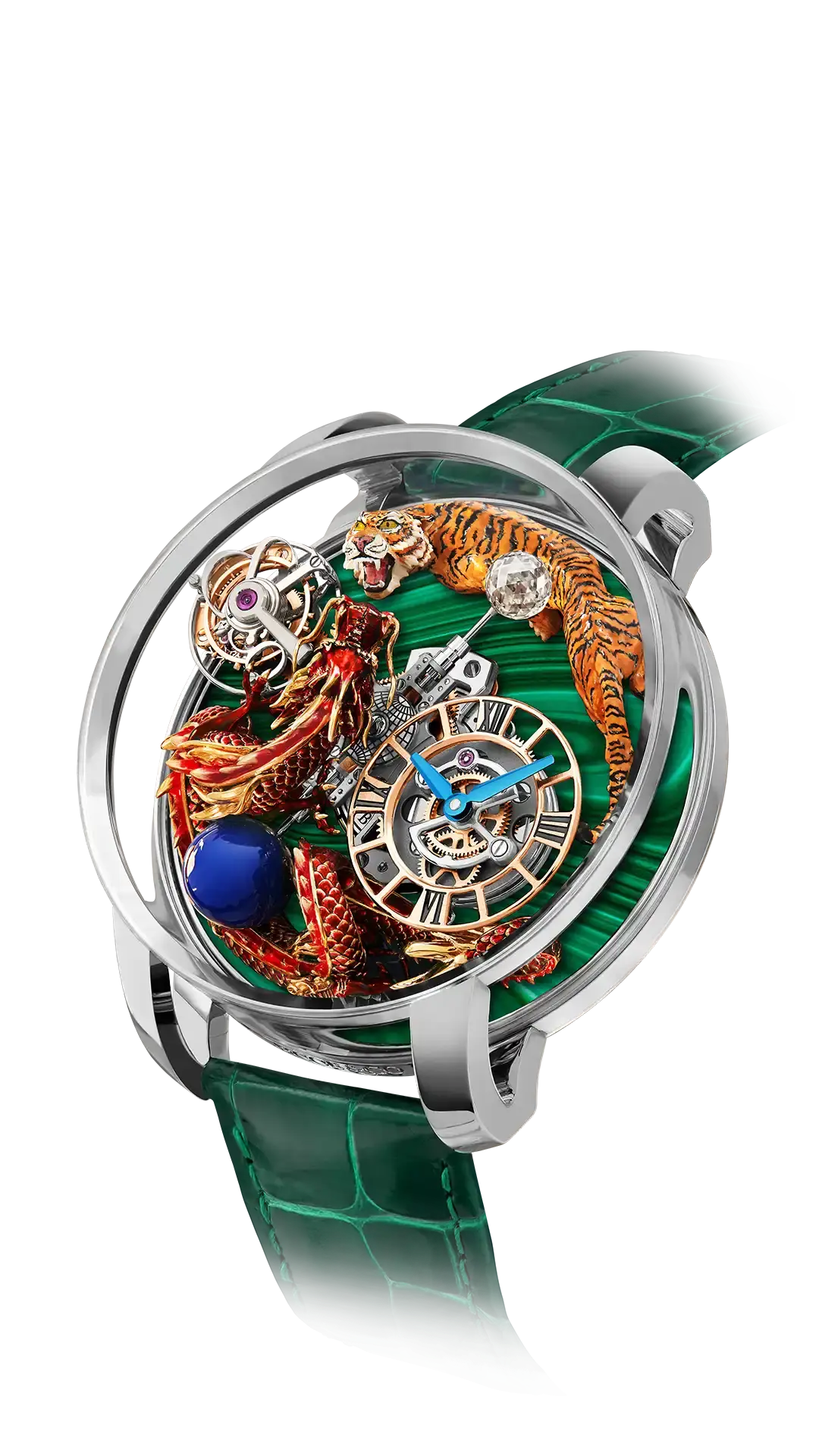 The white gold Astronomia Dragon & Tiger. A red dragon faces a tiger. The base and lugs are set with diamonds.